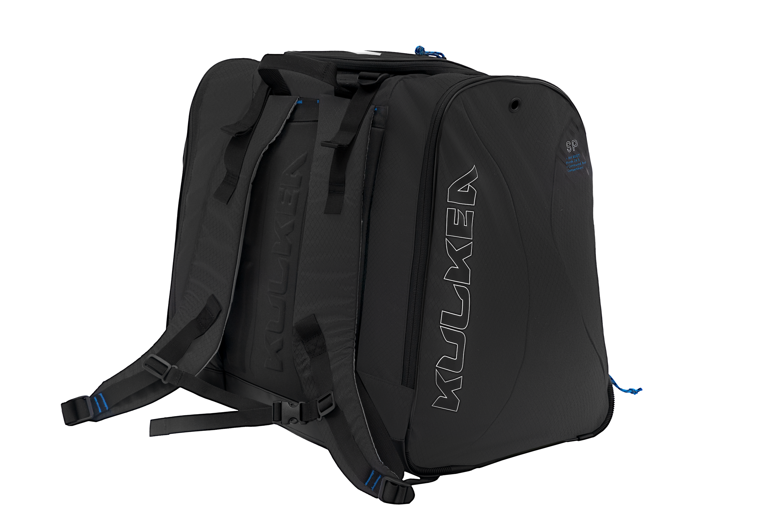 Kulkea boot bag all black with blue accents, smaller than the boot trekker bag, big enough to fit ski boots, helmet, gloves, etc.