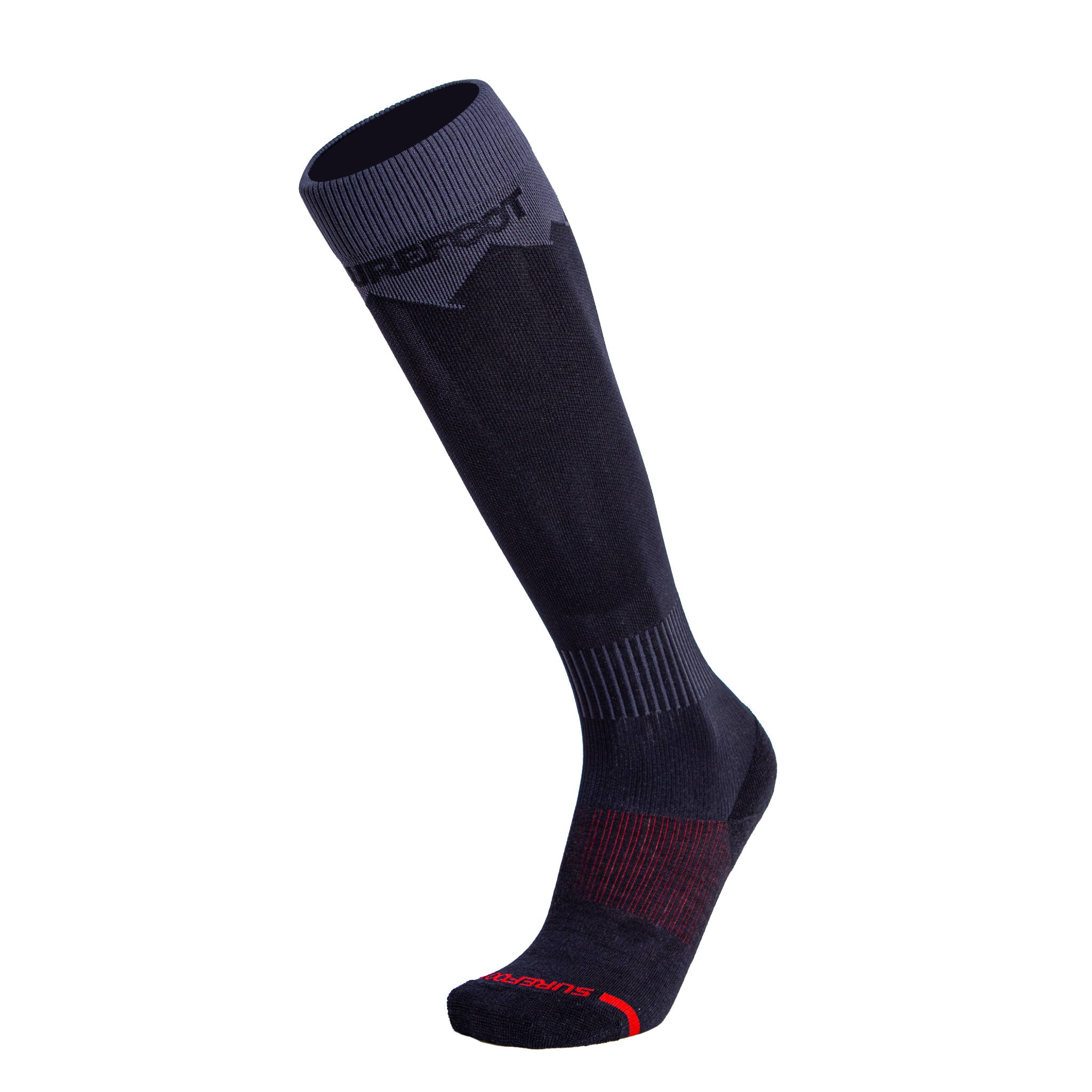 Black knee-high sock with red accents on a white background