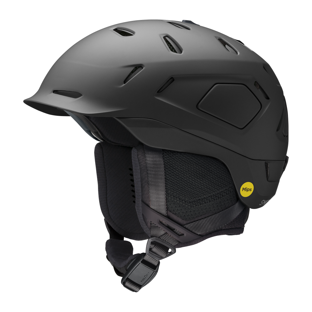 Matte black Smith ski helmet with air vents, MIPS logo, soft ear pieces. All black.