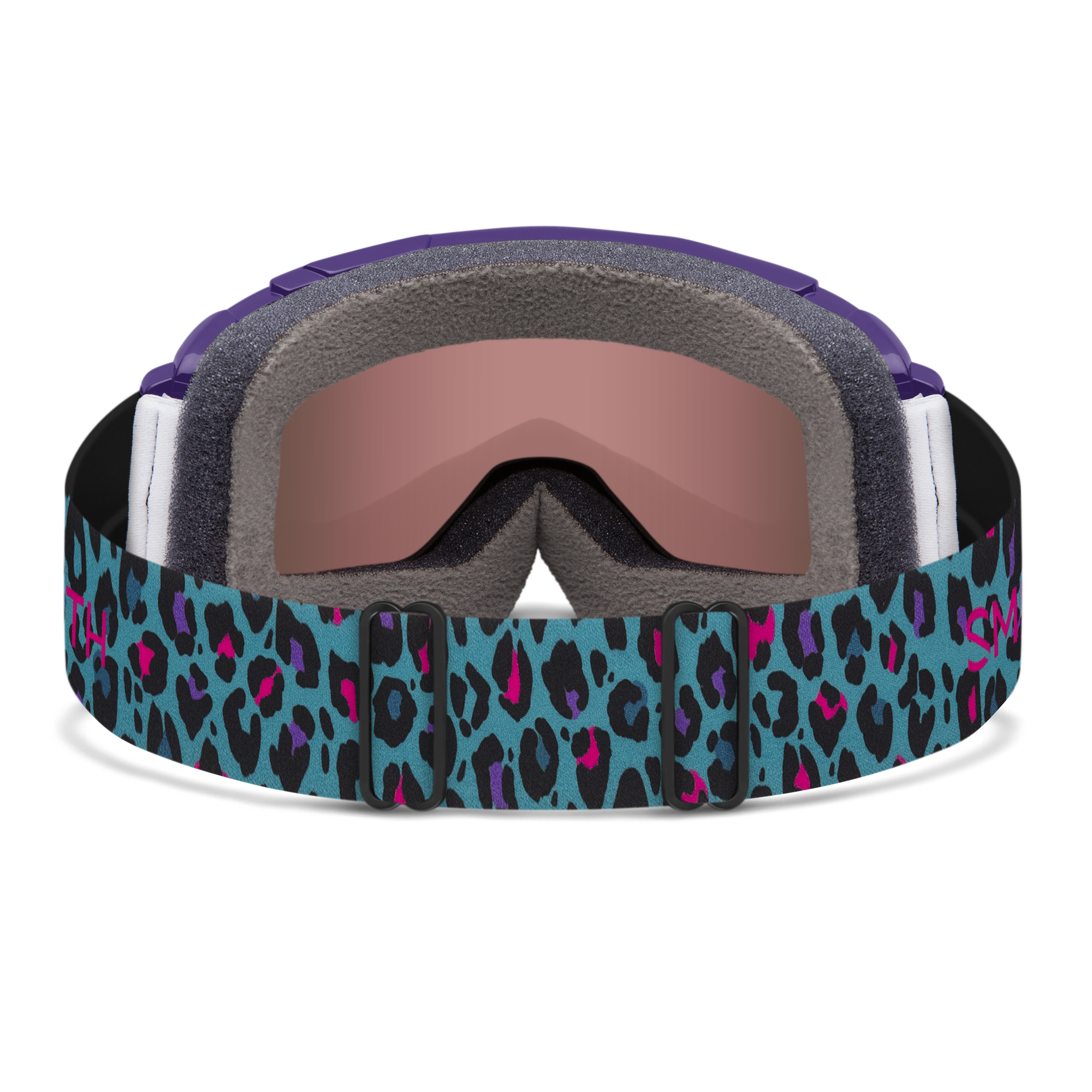 Kid's smith goggles, purple frame with blue, black and pink cheetah print adjustable band. Orange Chromapop lenses.