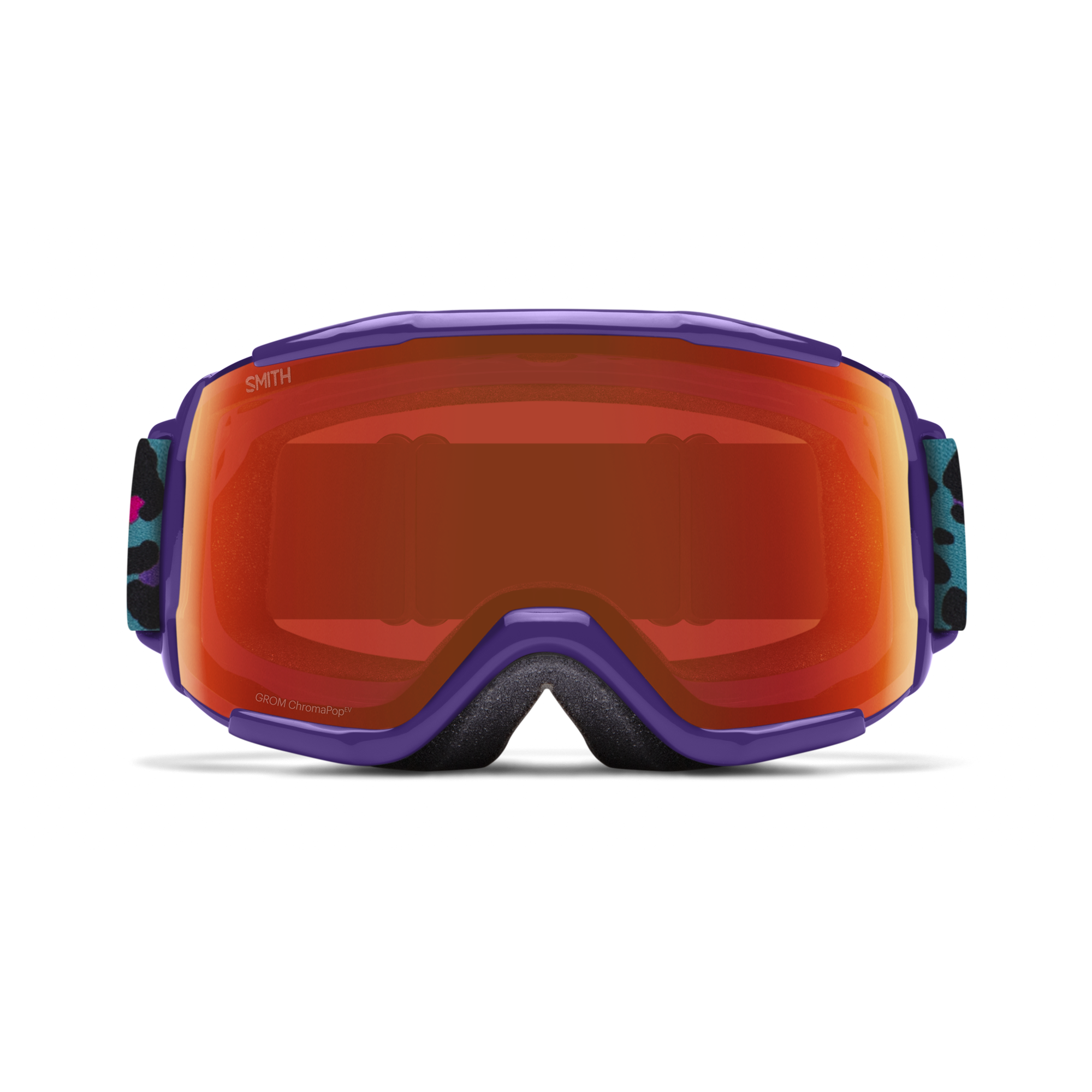 Kid's smith goggles, purple frame with blue, black and pink cheetah print adjustable band. Orange Chromapop lenses.