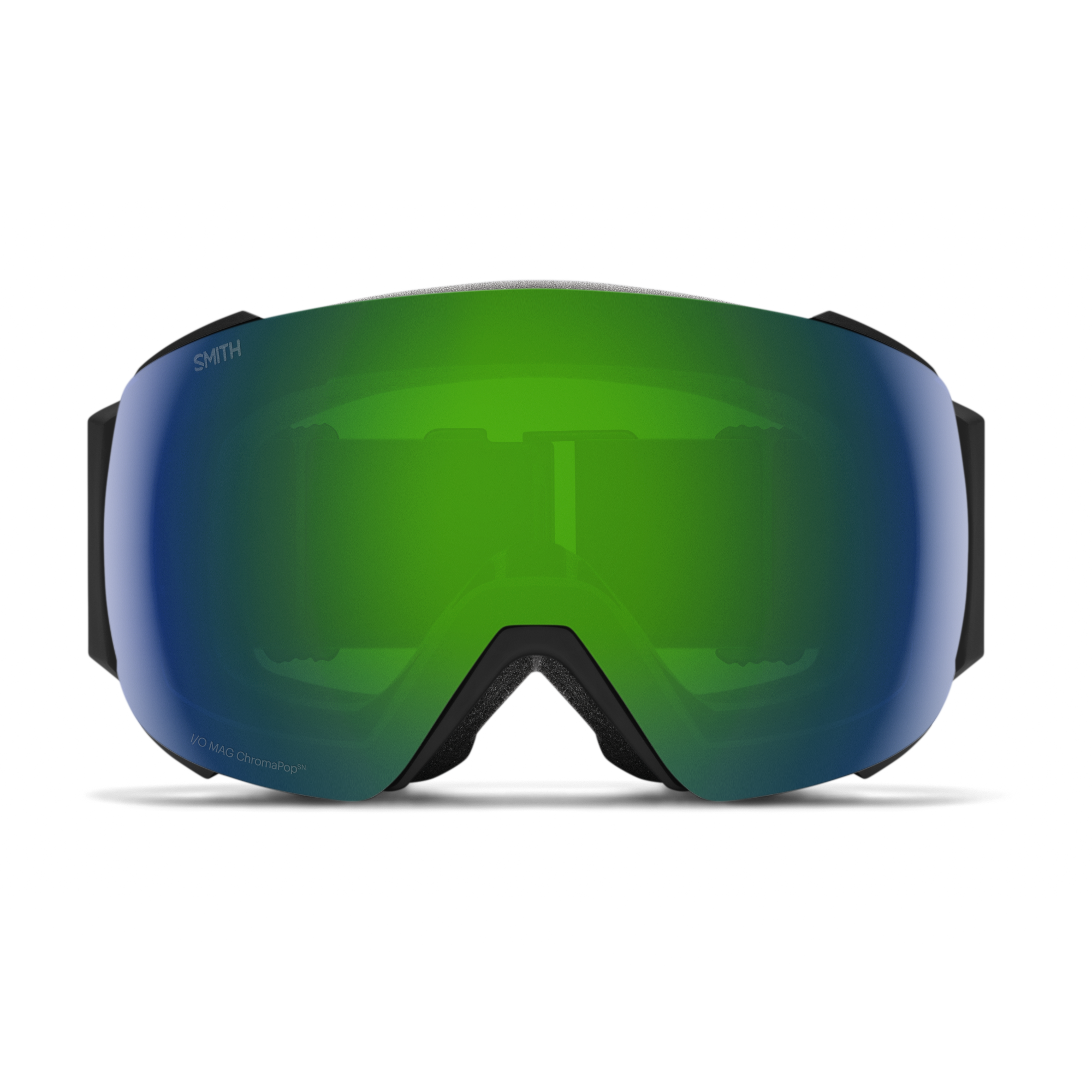 Smith IO MAG goggles in Black/Sun Green. Blue and green lenses, swap out to orange lenses. Black adjustable strap.