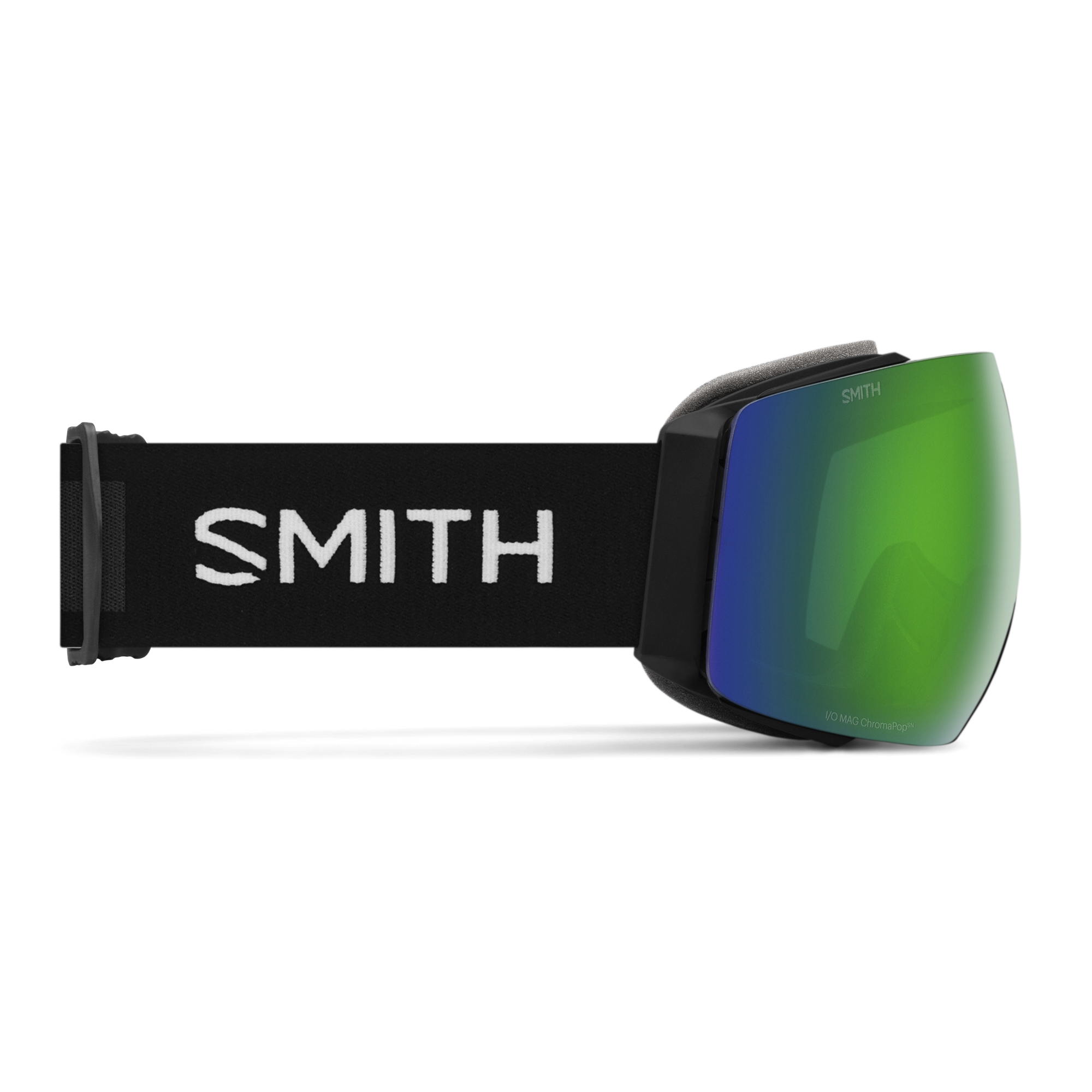 Smith IO MAG goggles in Black/Sun Green. Blue and green lenses, swap out to orange lenses. Black adjustable strap.