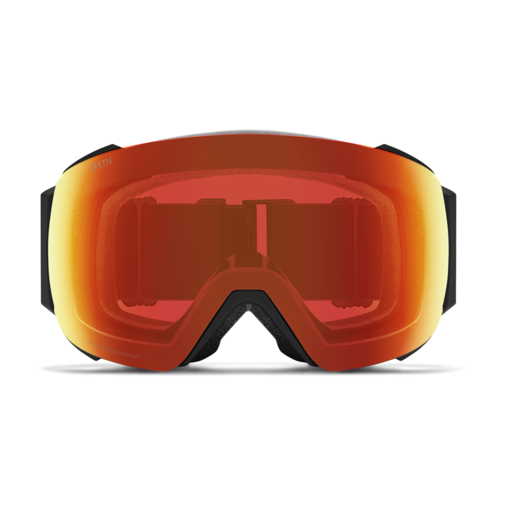 Smith IO MAG goggles in Black/Sun Green. Blue and green lenses, swap out to orange lenses. Black adjustable strap.