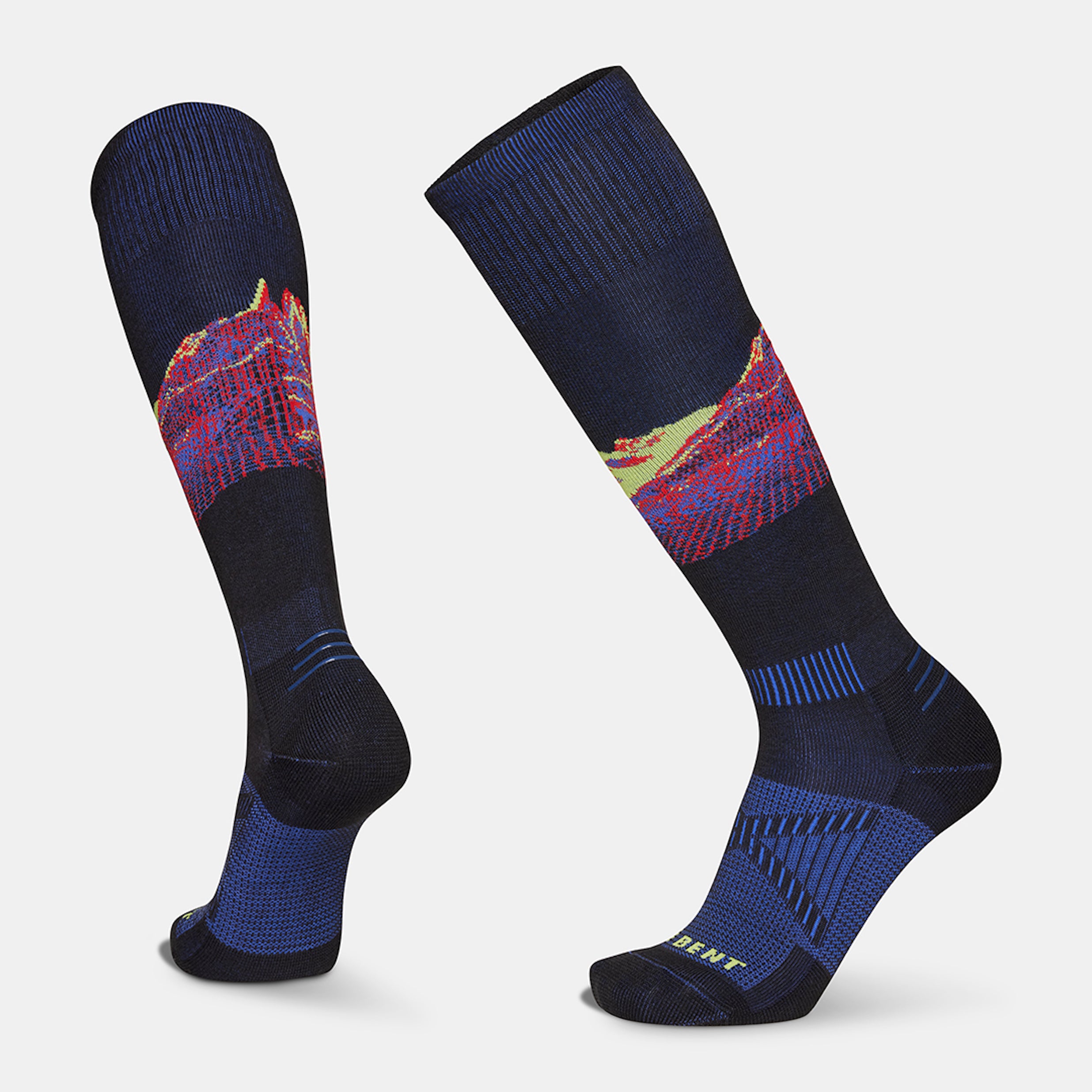 Black LeBent Men's ski socks with red and yellow mountain graphics, blue fibers throughout.