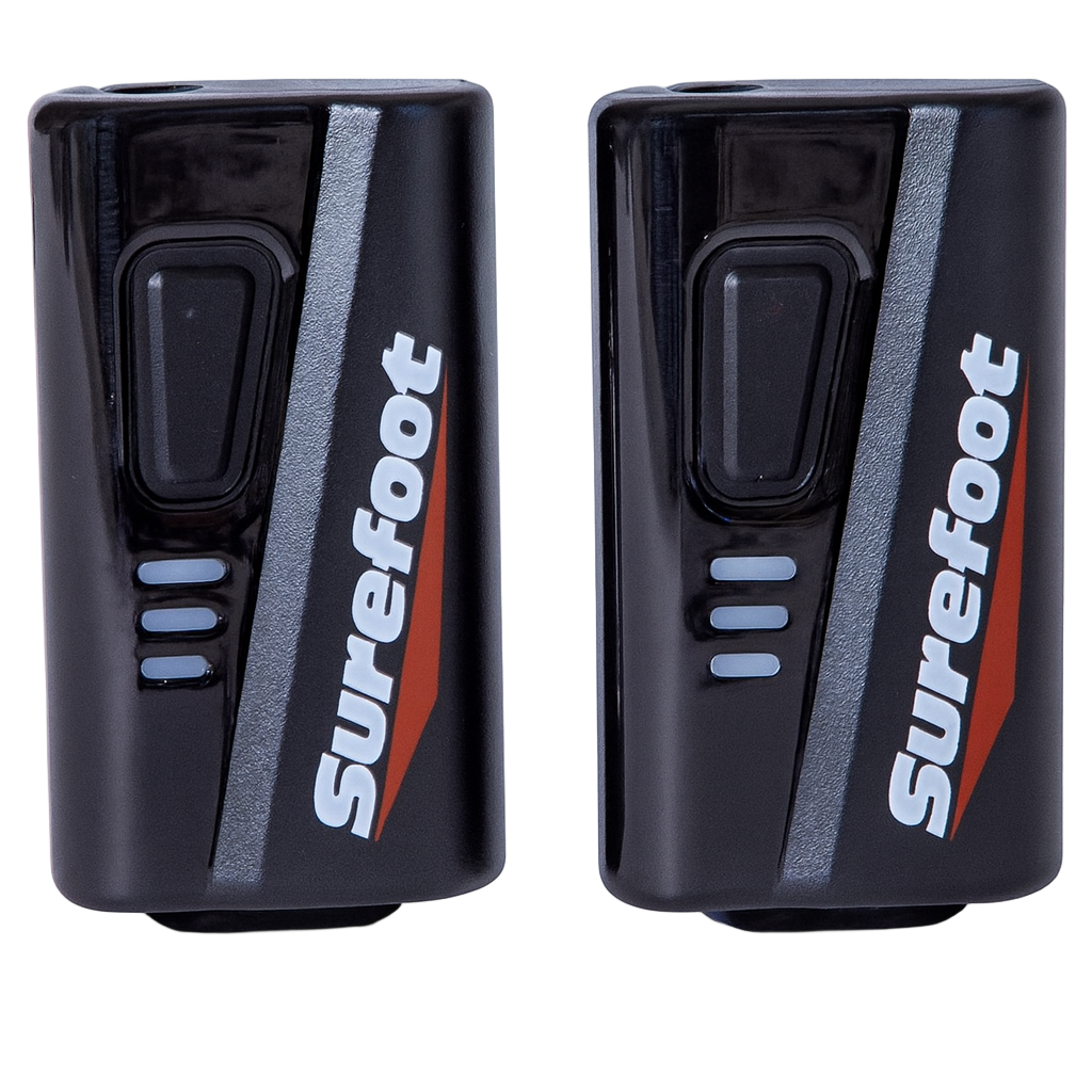 Two black electronic devices with 'surefoot' branding on a white background