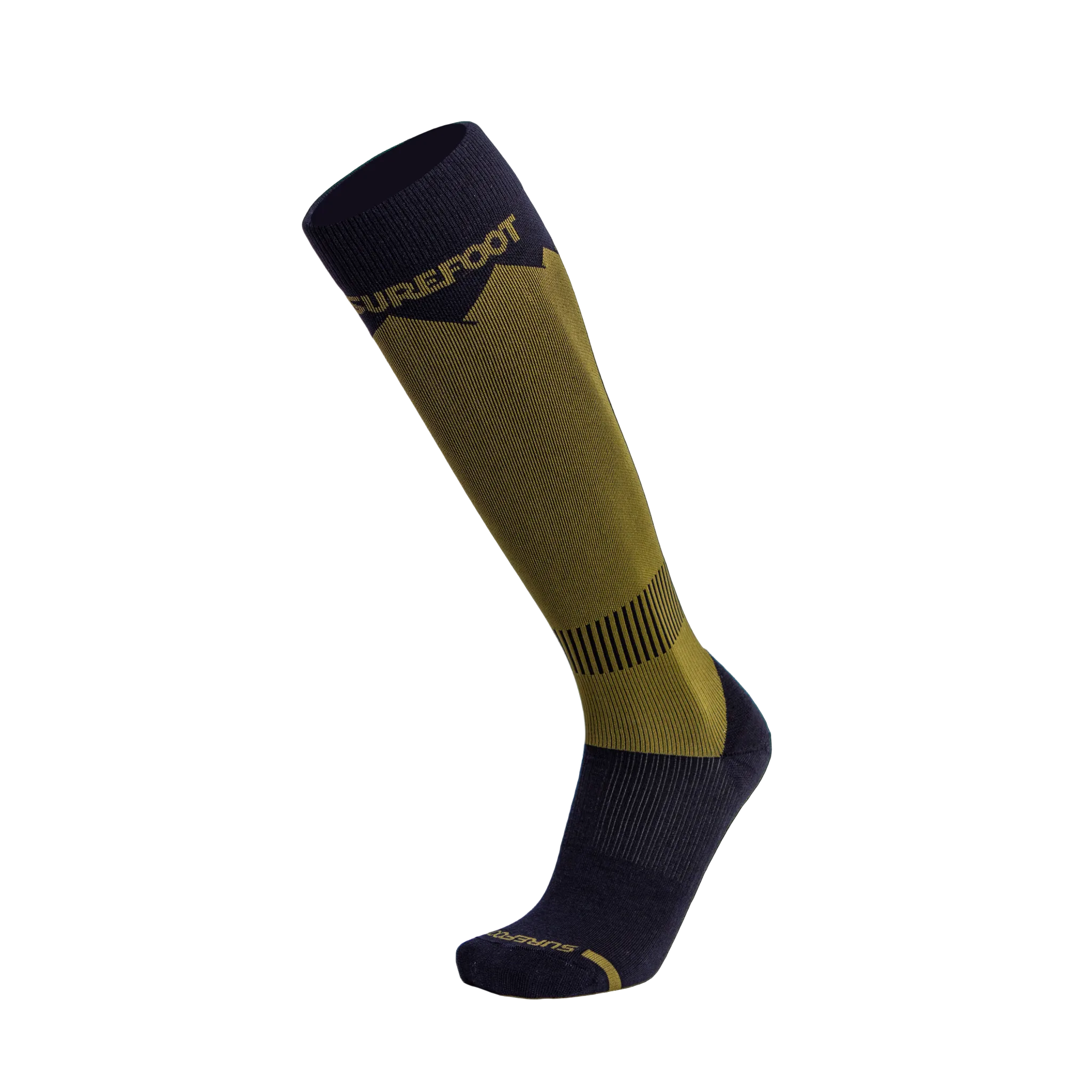 A merino wool ski sock from Surefoot with olive and black colorways.