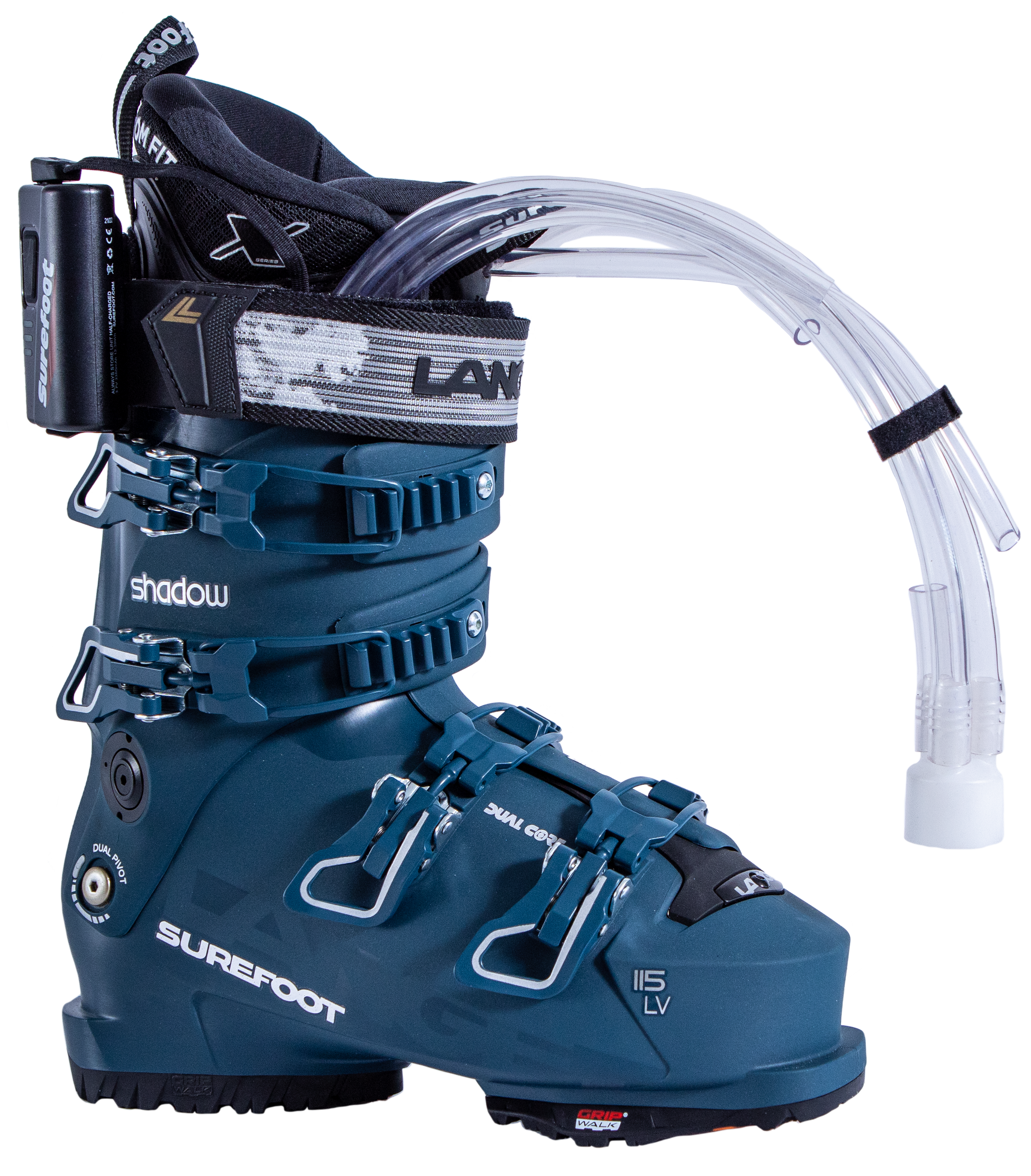 Surefoot Lange Shadow 115 LV matte blue ski boot shell with white/silver accents on buckles and Lange logo in black on power strap, Surefoot logo in white. Plastic tubes coming out for Surefoot memory foam injection into shell lining. Winterheat ski boot heater attached to outside edge.