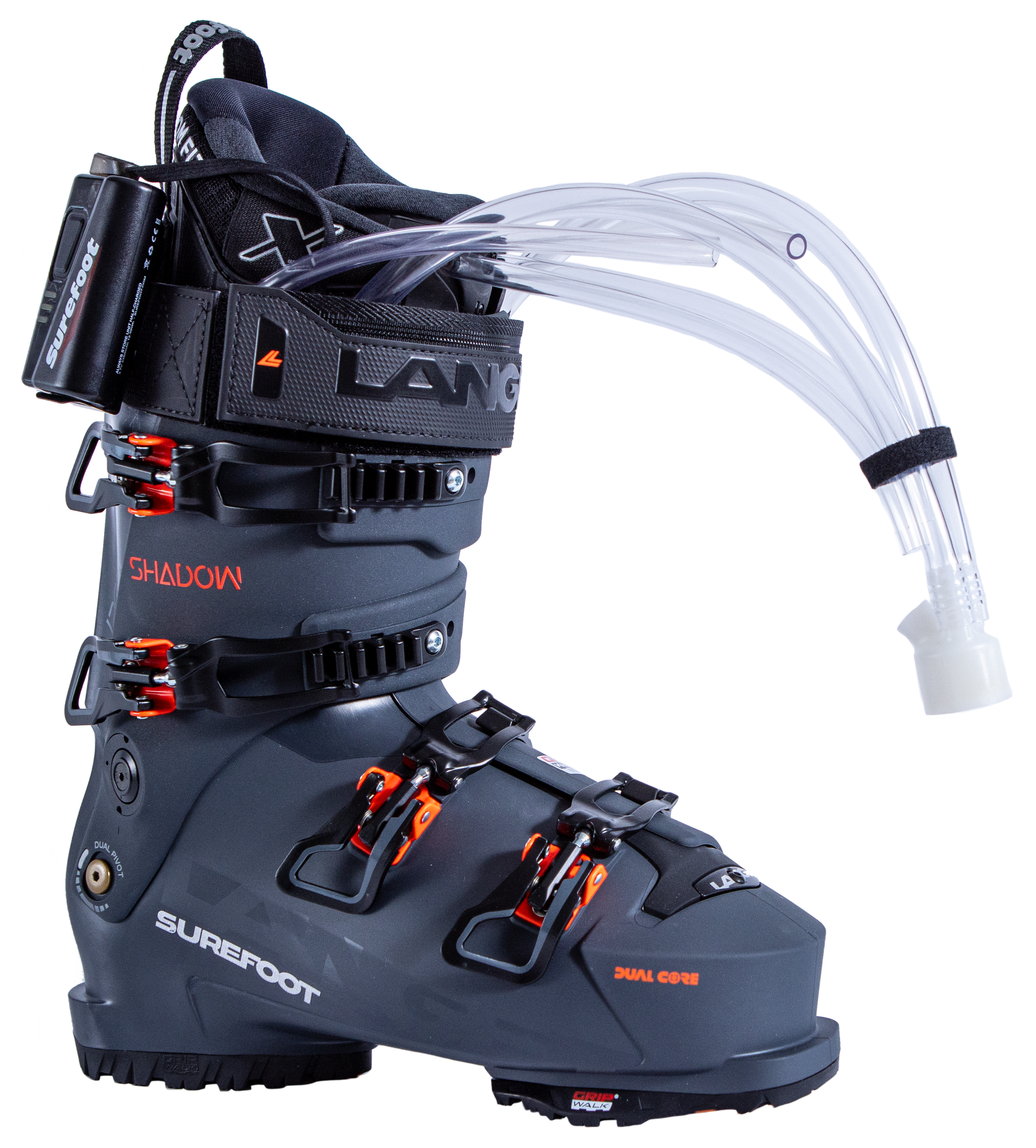 Surefoot Lange Shadow 120 MV matte blue-grey ski boot shell with orange accents on buckles and Lange logo in black on power strap, Surefoot logo in white on shell. Plastic tubes coming out for Surefoot memory foam injection into shell lining. Winterheat ski boot heater attached to outside edge.