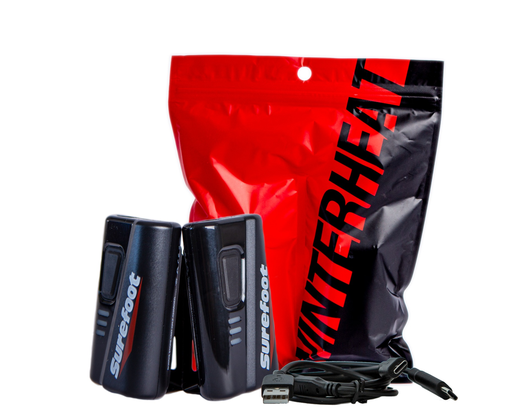Black foot warmers with Superfoot branding and a red and black packaging bag on a white background.