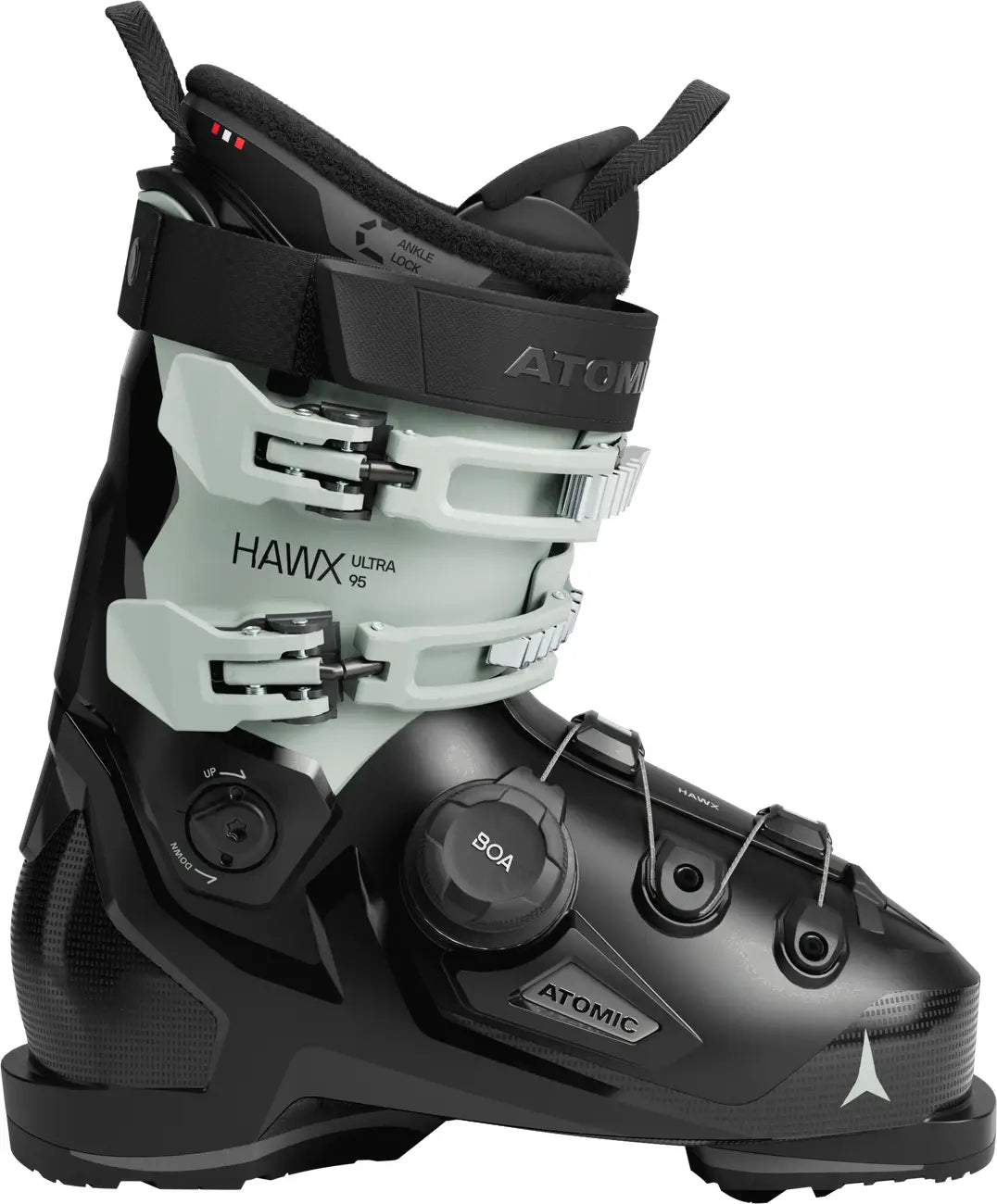 Black and gray ski boot with Atomic branding on a white background