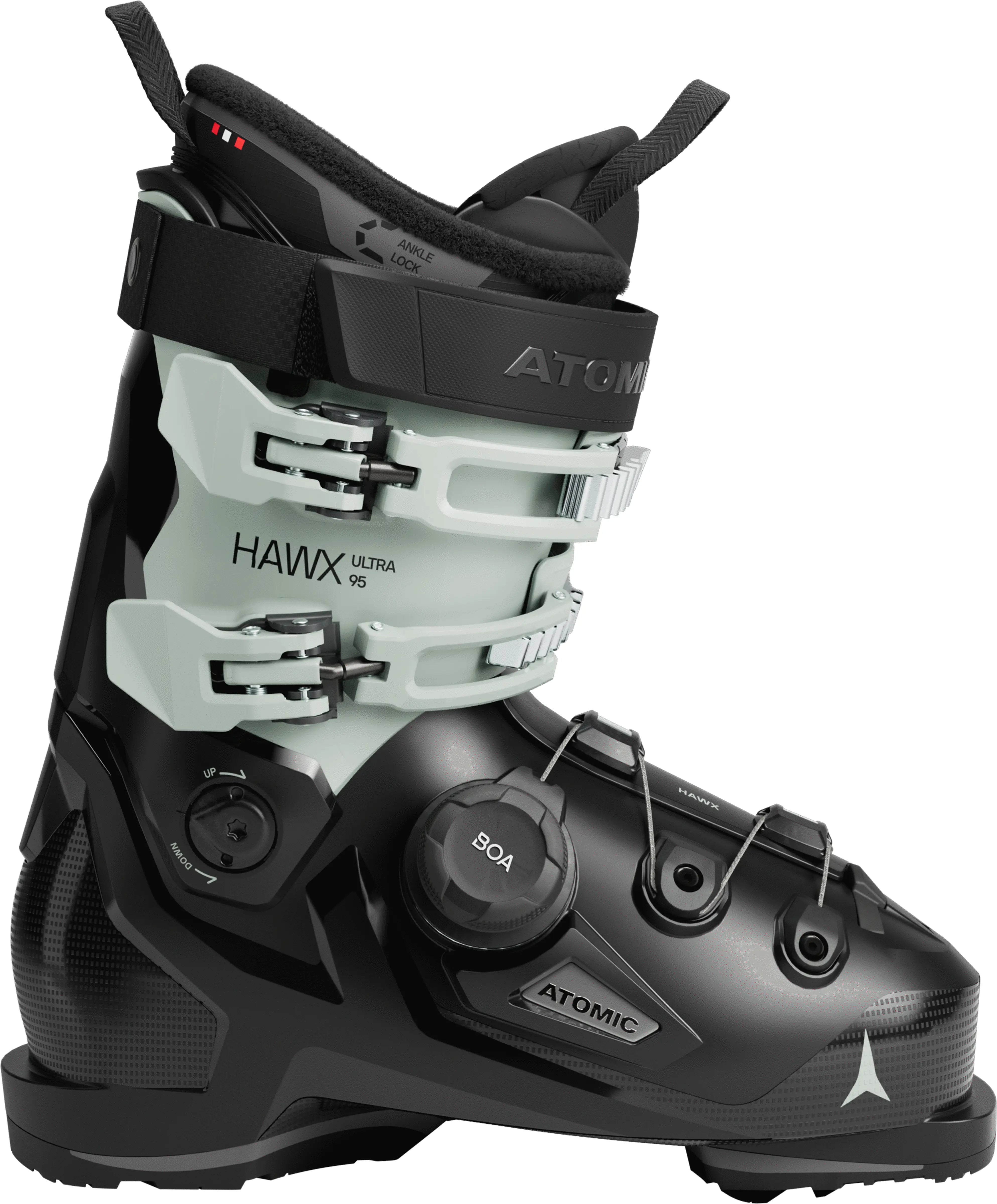 Black and gray ski boot with Atomic branding on a white background