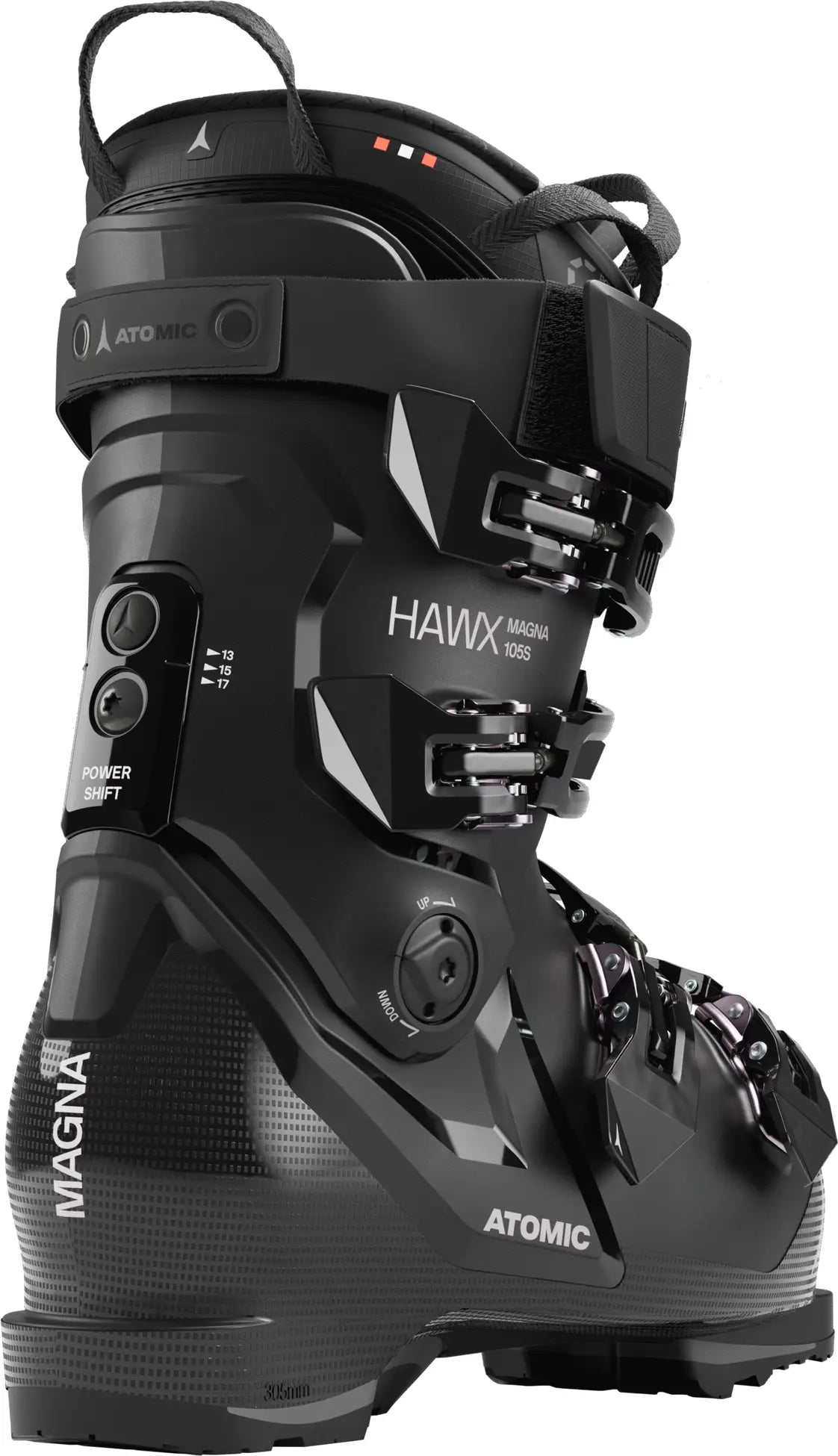 Black ski boot with 'Atomic' branding on a white background