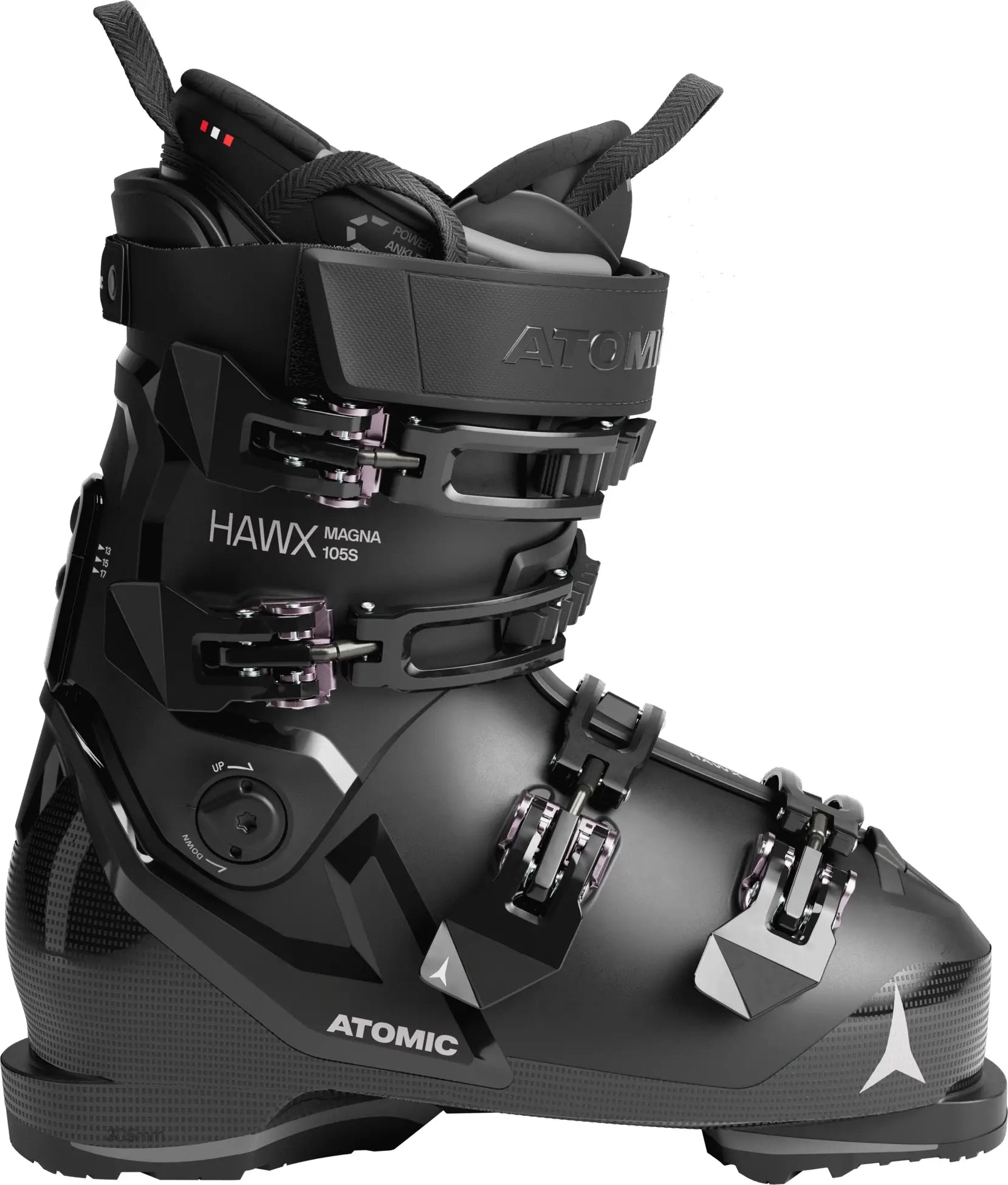 Black Atomic Women's Hawx ski boot in mostly black on a white background.