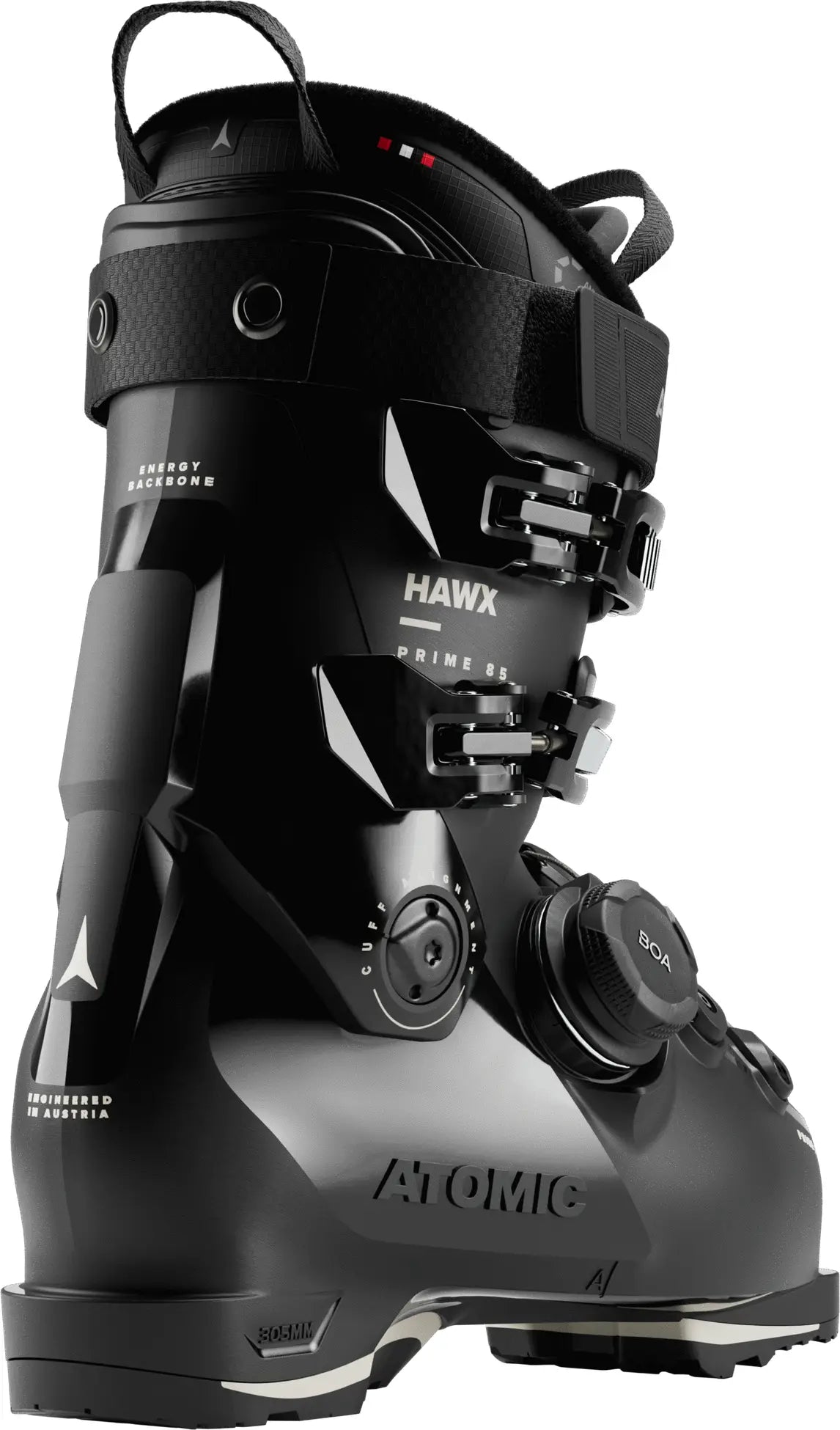 Black and gray Atomic Hawx women's  ski boot on a white background.