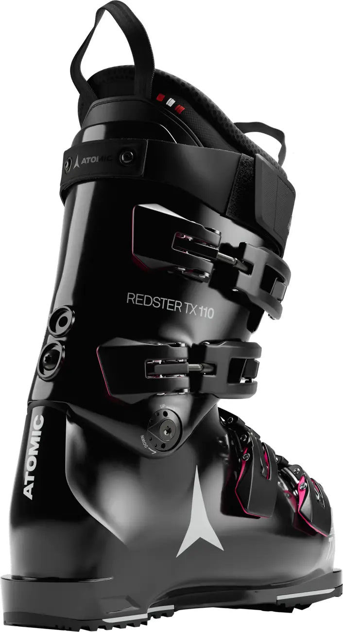 Black ski boot with 'Atomic' branding on a white background