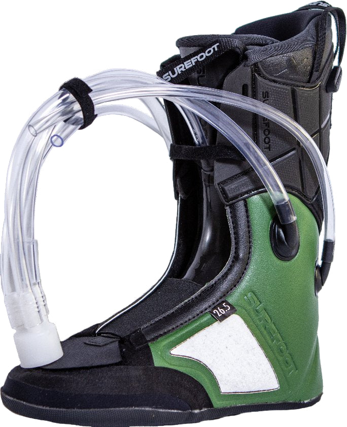 Ski boot liner that is black and green with tubes coming out of the front for foam.