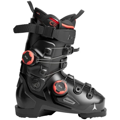 Black ski boot with red BOA system on a white background