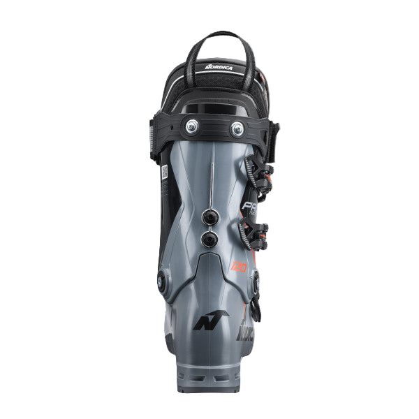 the spine of the promachine 120 is all grey with a black power strap connected near the top of the cuff. there are two rivets above the heel.