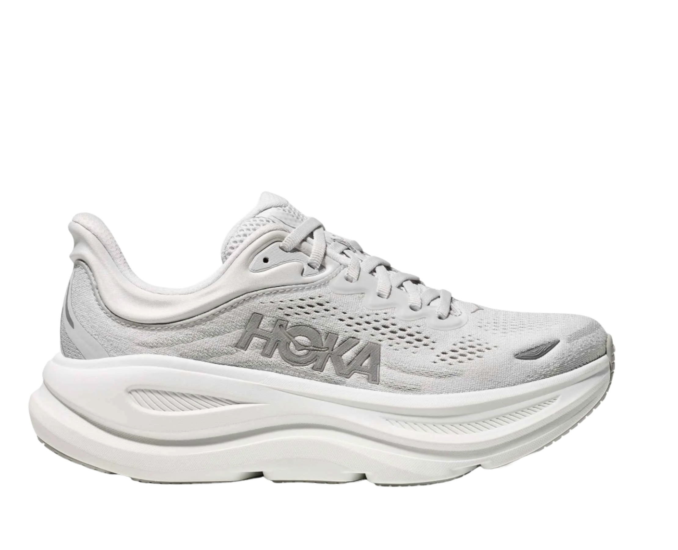 the fabric of the shoe is a very light grey, nearly white. the sole is white. the hoka logo is grey.