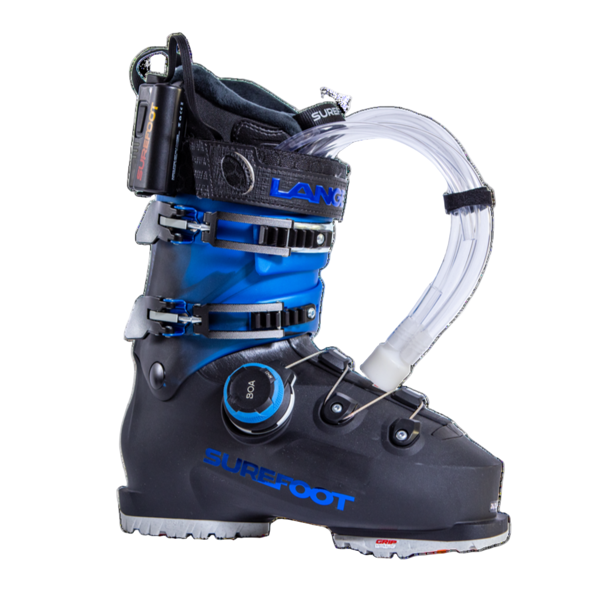 This ski boot has a bright blue upper cuff, that has a gradient effect into black on the lower cuff. the Surefoot logo on the lower is reflective. there are two upper cuff buckles and a BOA system on the lower.