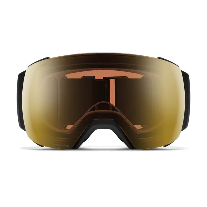 The front view of a ski goggle with a gold mirror lens and a black nose piece.