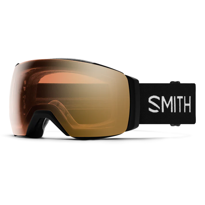 Smith ski goggle with a black strap and gold mirror lenses.