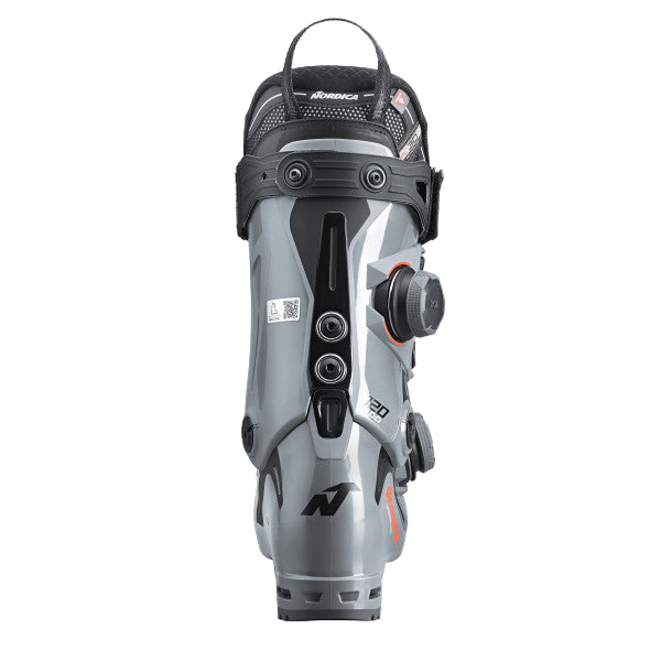 the spine of the ski boot has two rivets, and the double boa is on the outside of the boot.