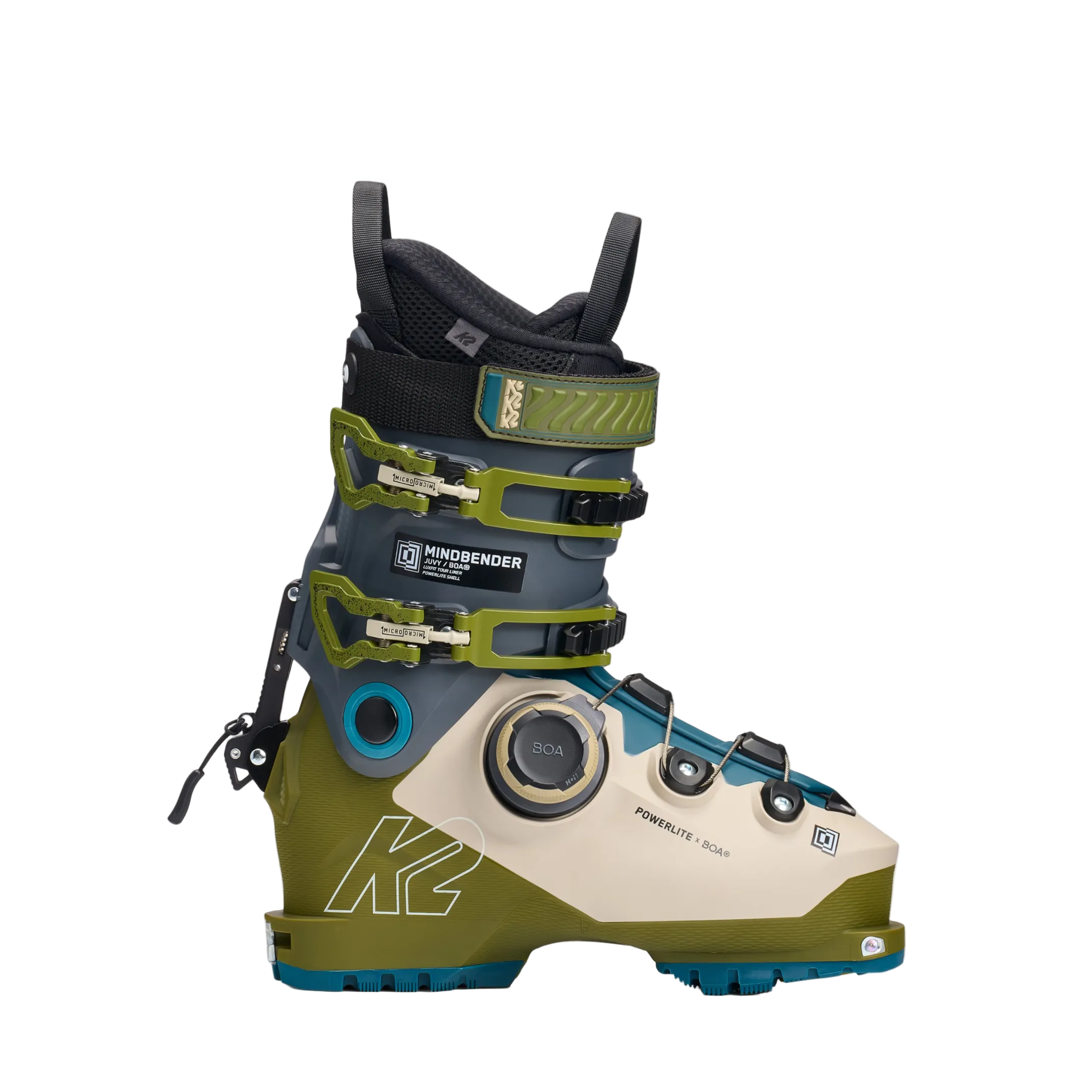 Ski boot with green and beige design on a white background