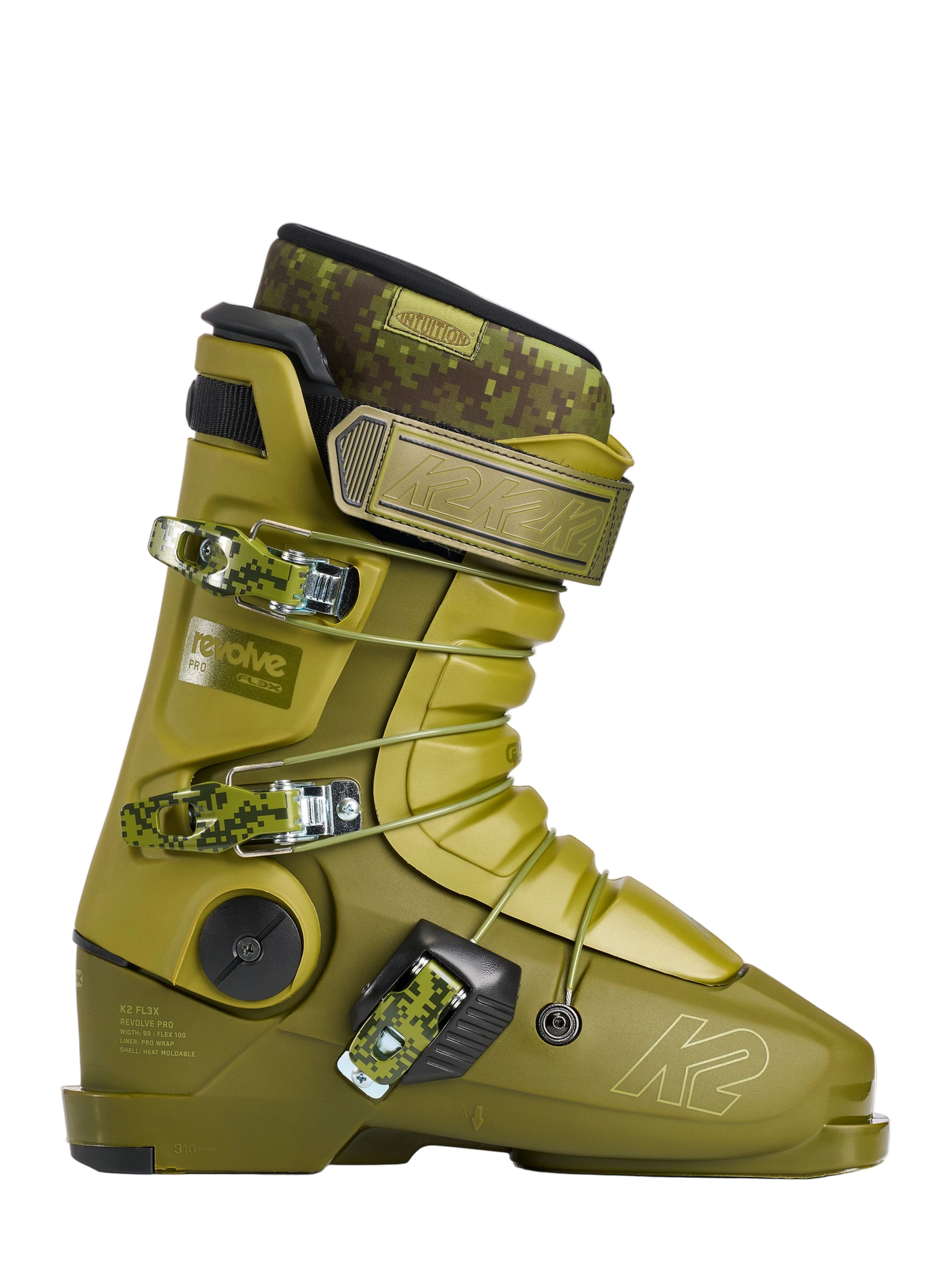 Green ski boot with brand logo on a white background