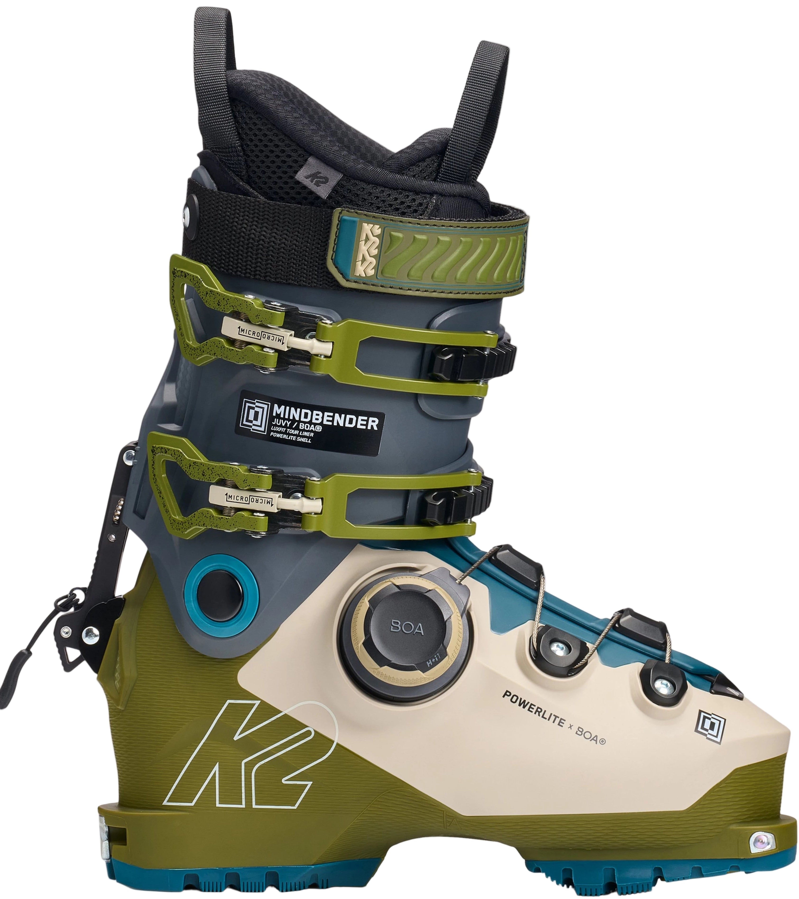 Green and beige ski boot with visible branding on a white background
