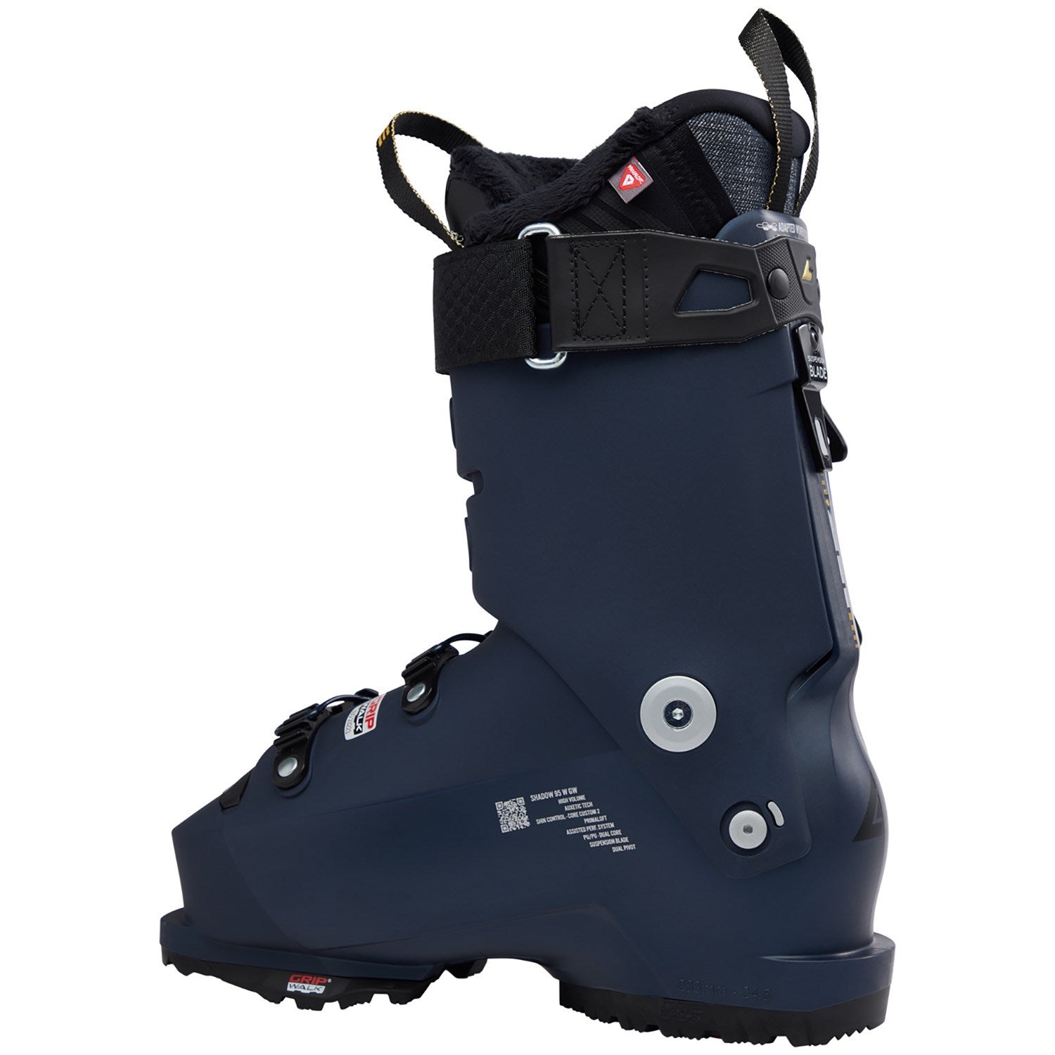 Navy blue Lane ski boot with black straps on a white background