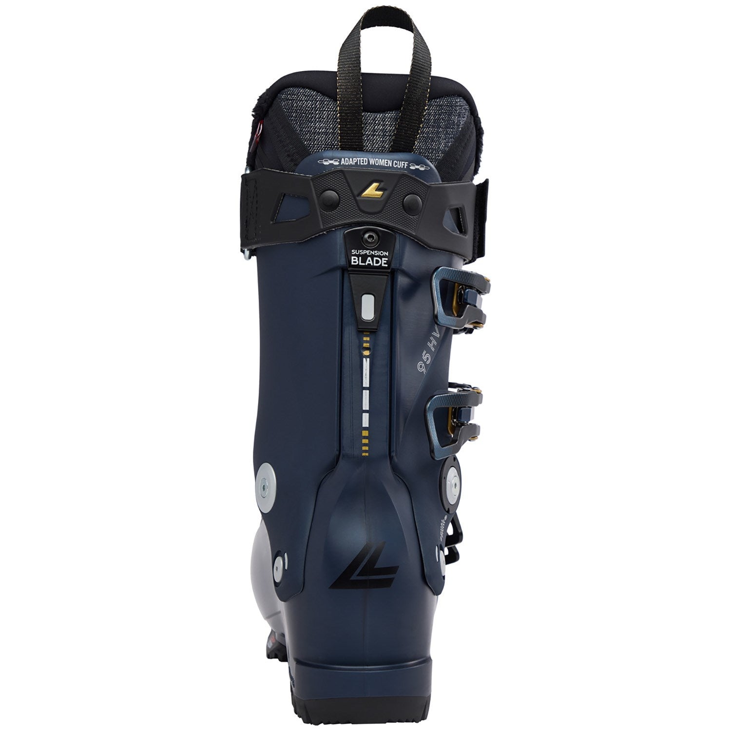 The back of a Lange womens blue ski boot with black straps on a white background.