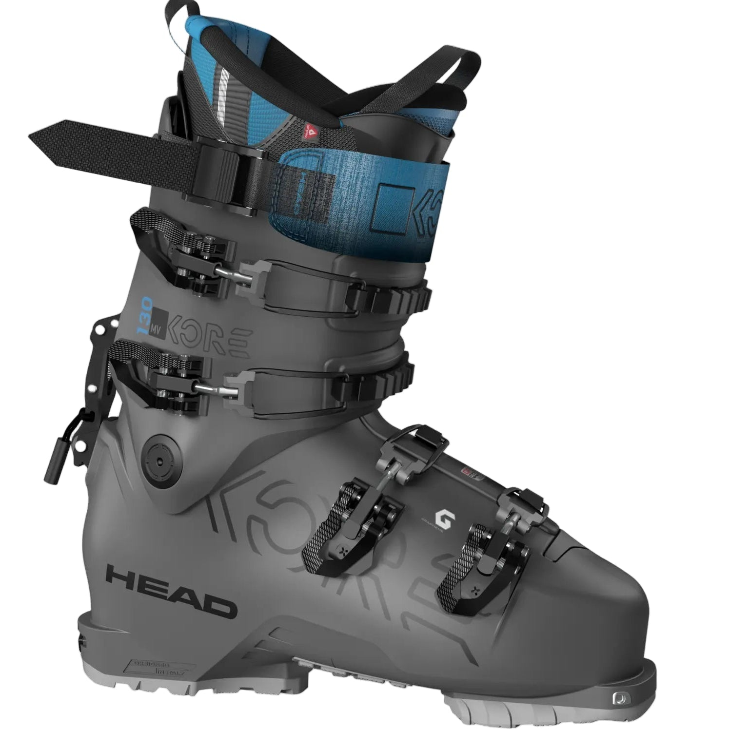 Anthracite and blue freeride ski boot with blue interior on a white background.