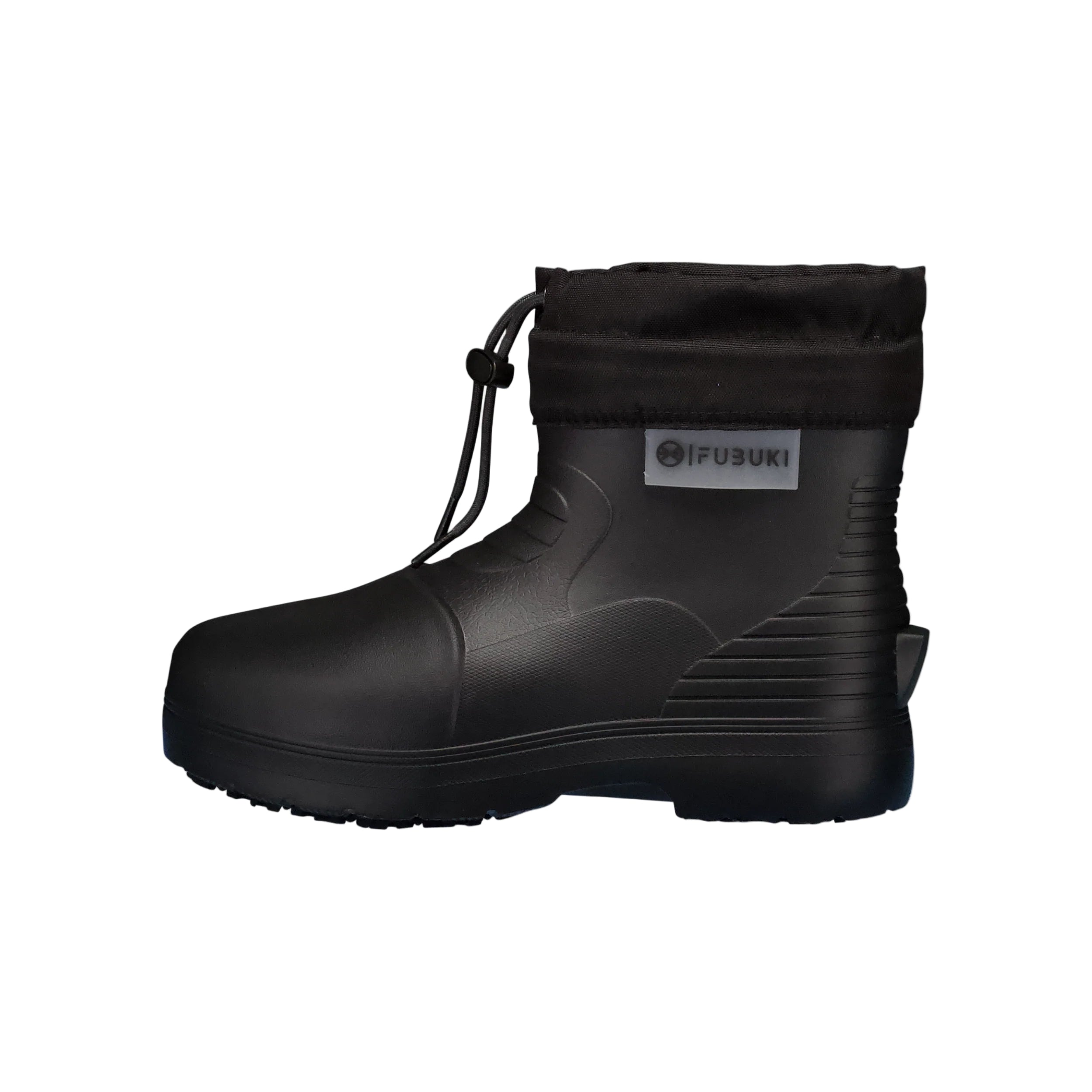 Black rubber boot with a visible brand label on a light gray background