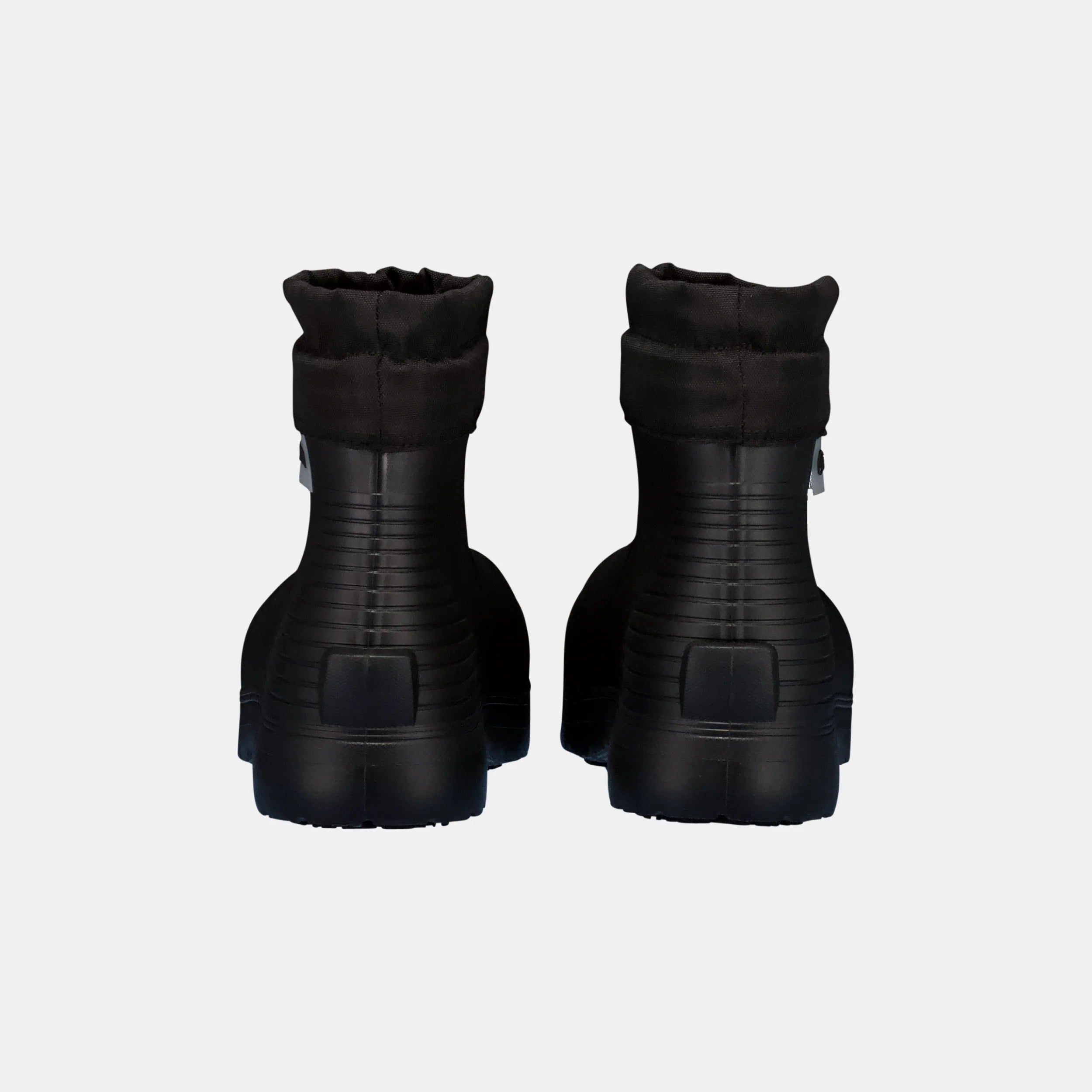 Pair of black winter boots on a light gray background.