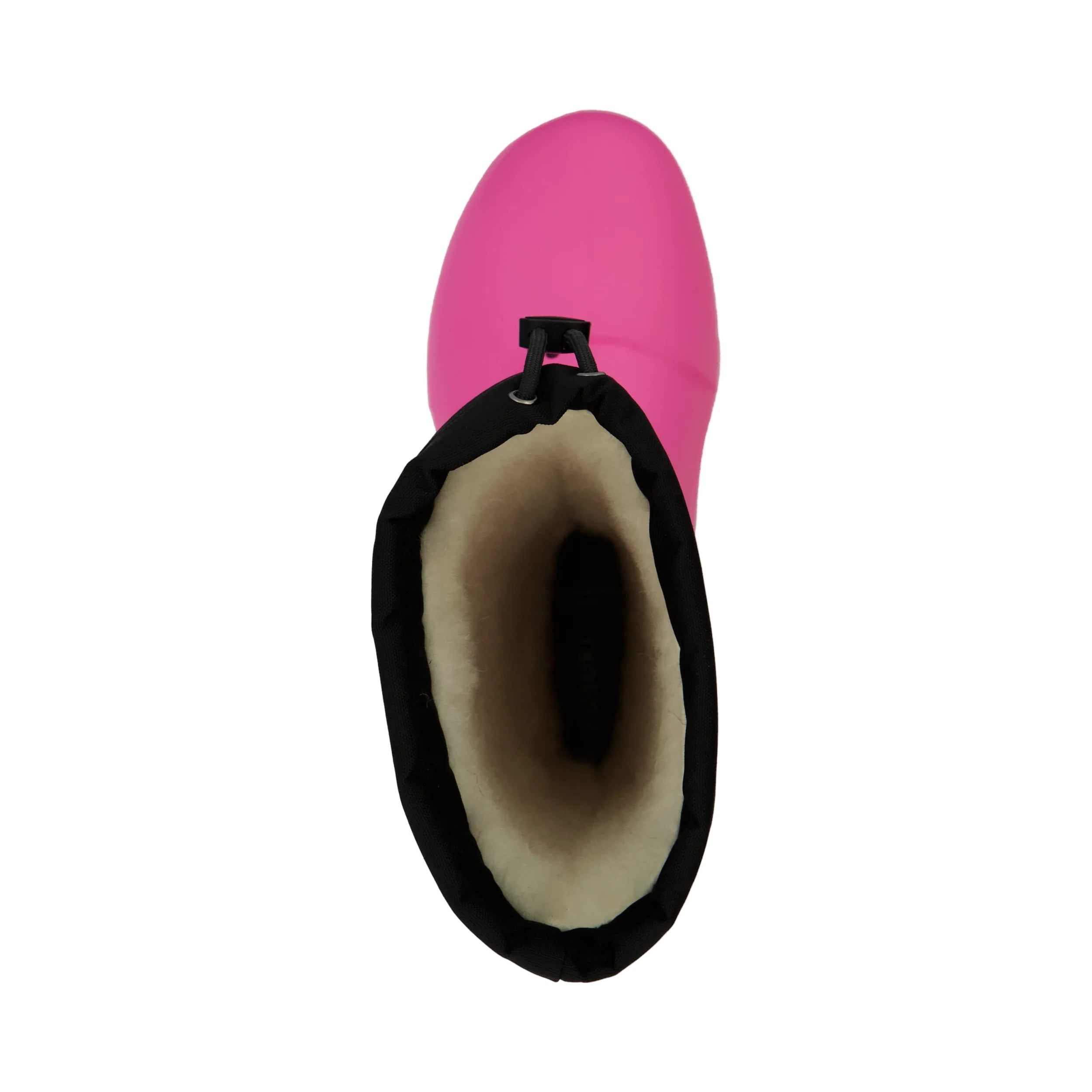 Pink winter boot with black trim on a white background.