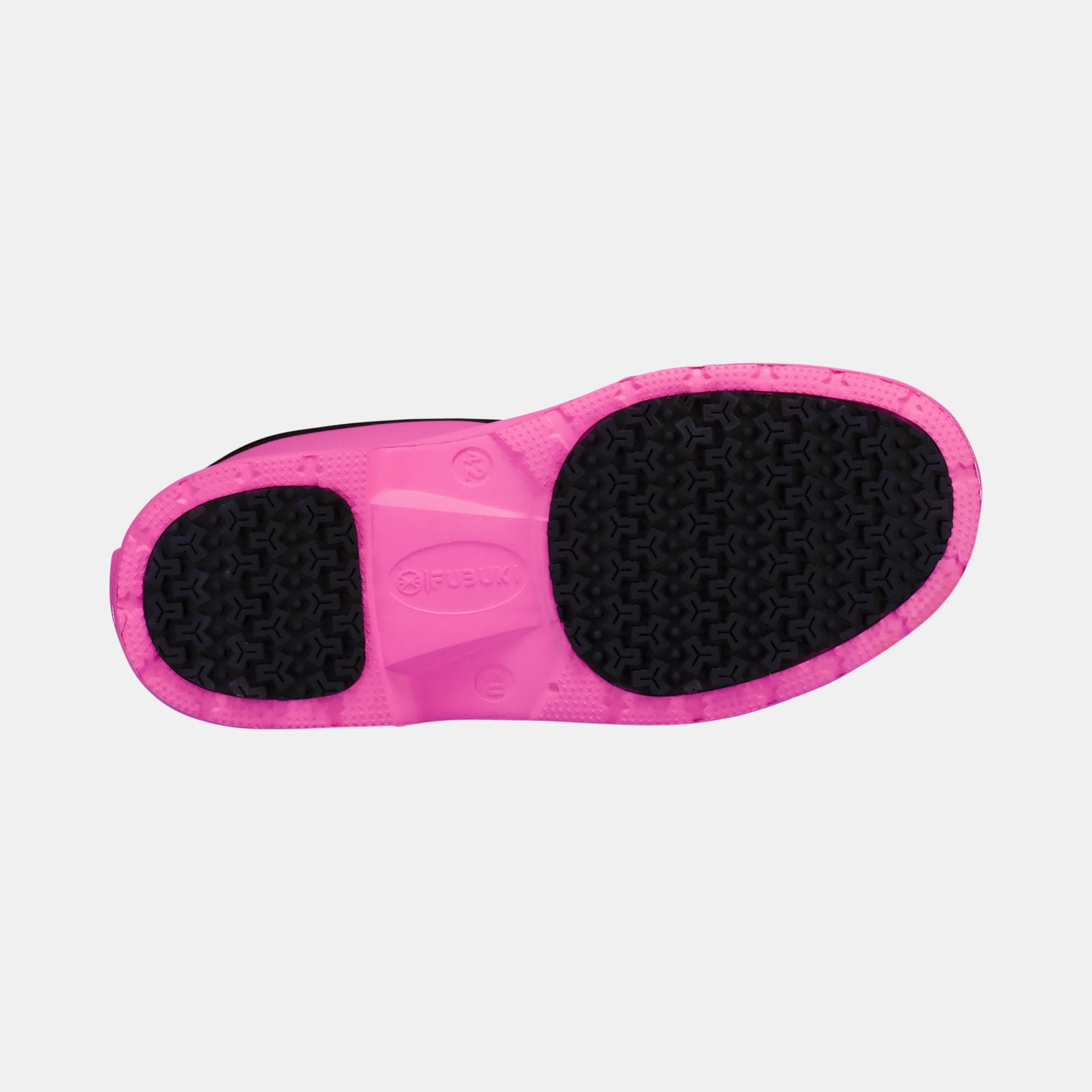 Pink shoe sole with black tread pattern on a light gray background