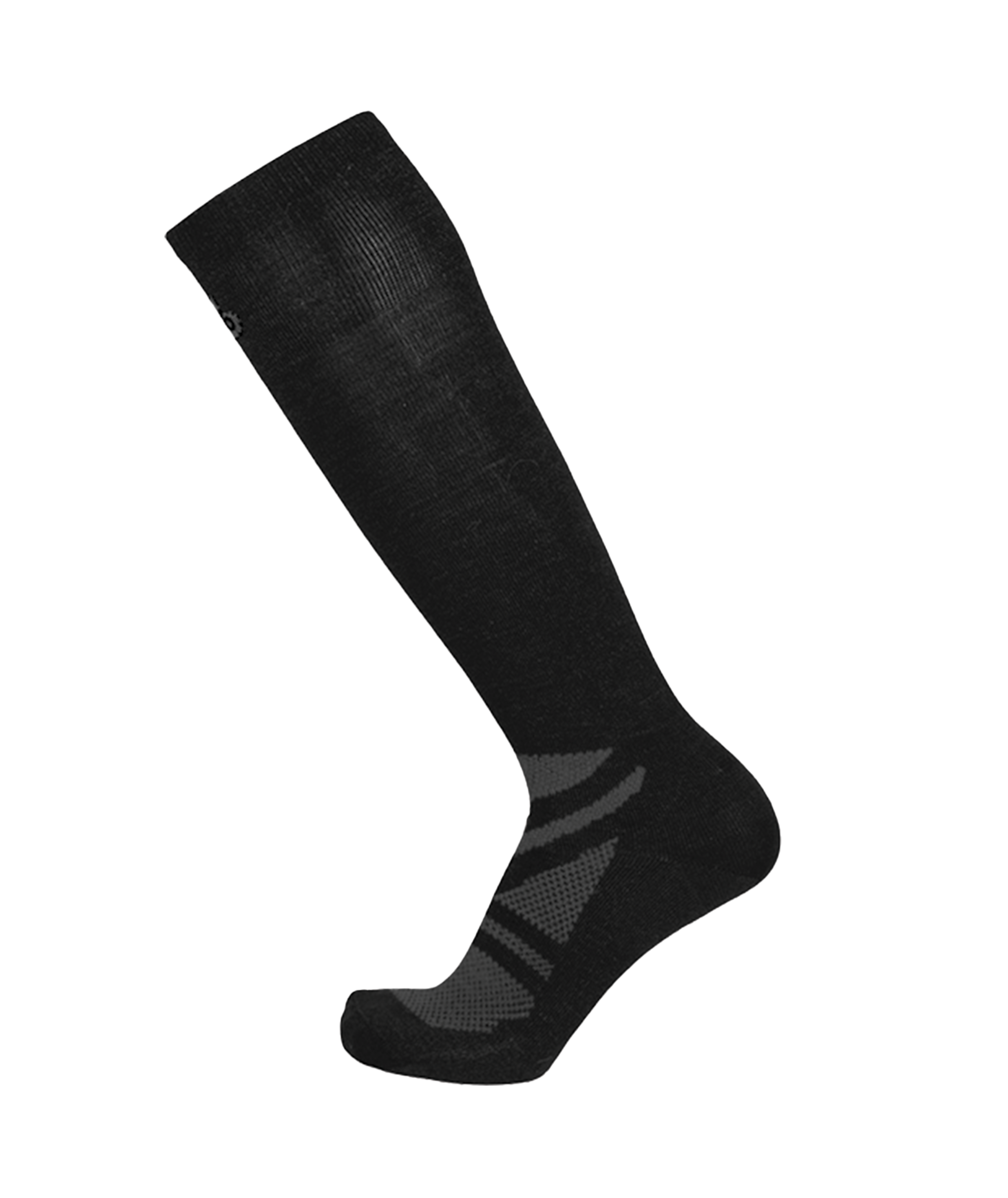 Point6 black classic ultra light ski sock, stops just below the knee.