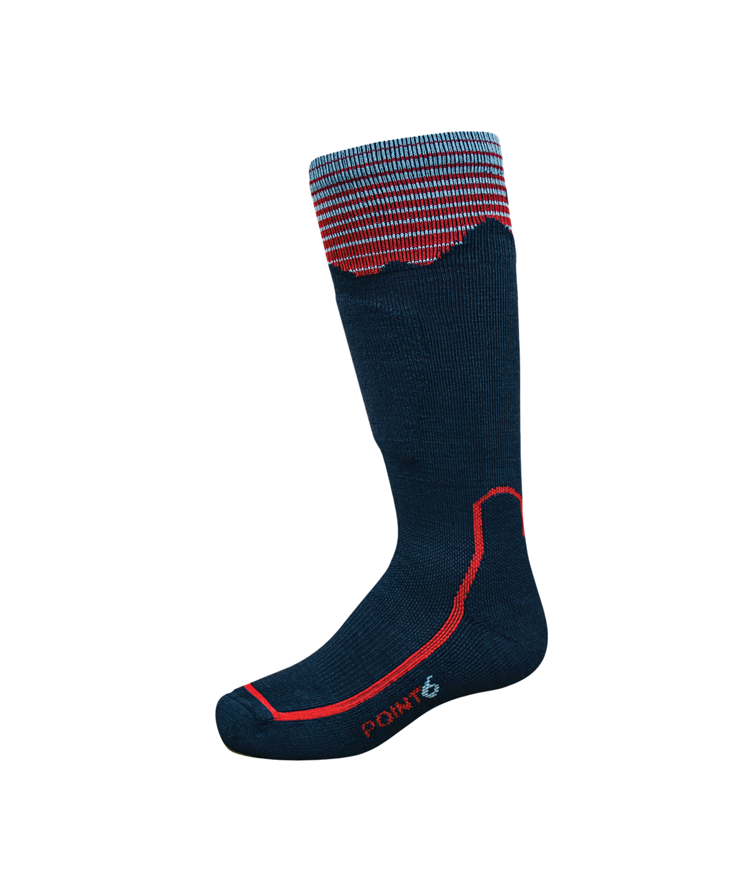 Point6 Kids Mountain Magic Light OTC Ski Socks navy blue with red and light blue mountain designs.