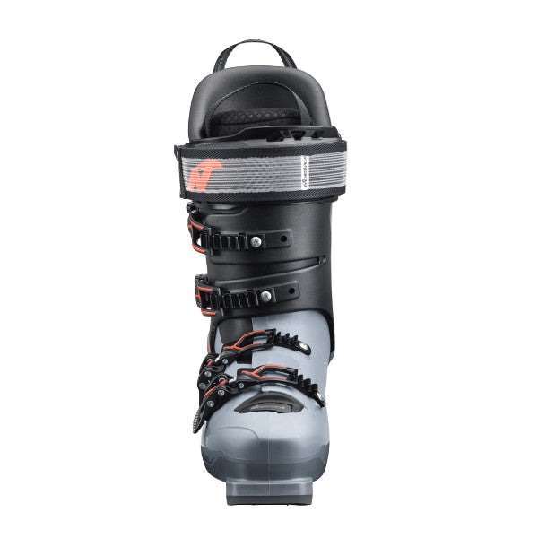 The ski boot from the front is a black upper and grey lower. the 4 buckles are black with red accents.