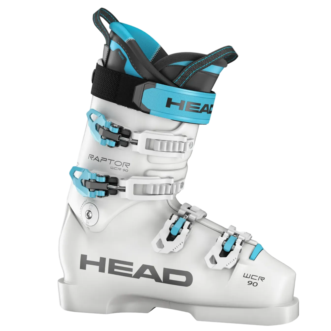 White ski boot with blue accents on a white background