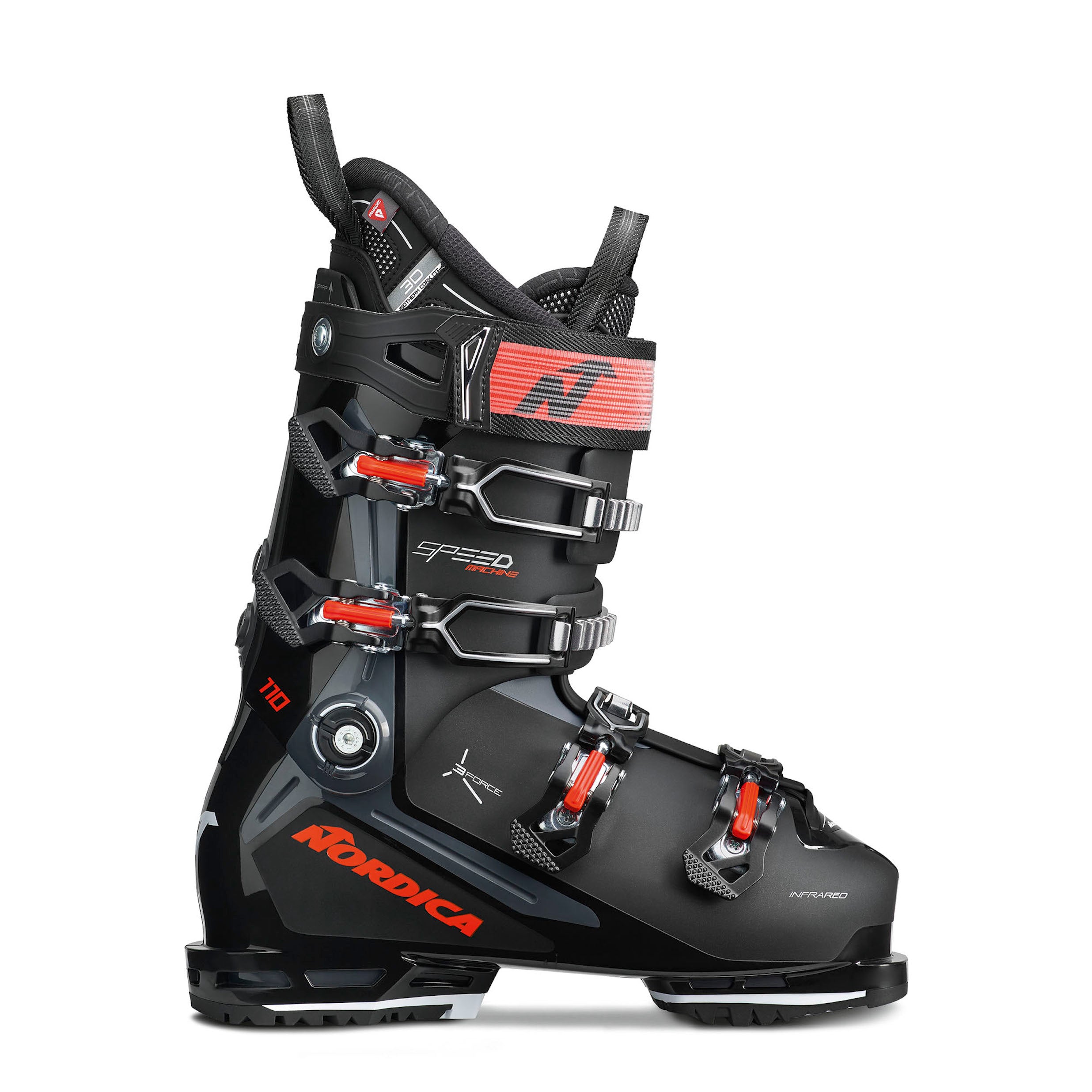Men's Nordica Speedmachine 3 110 ski boot in black with red accents.