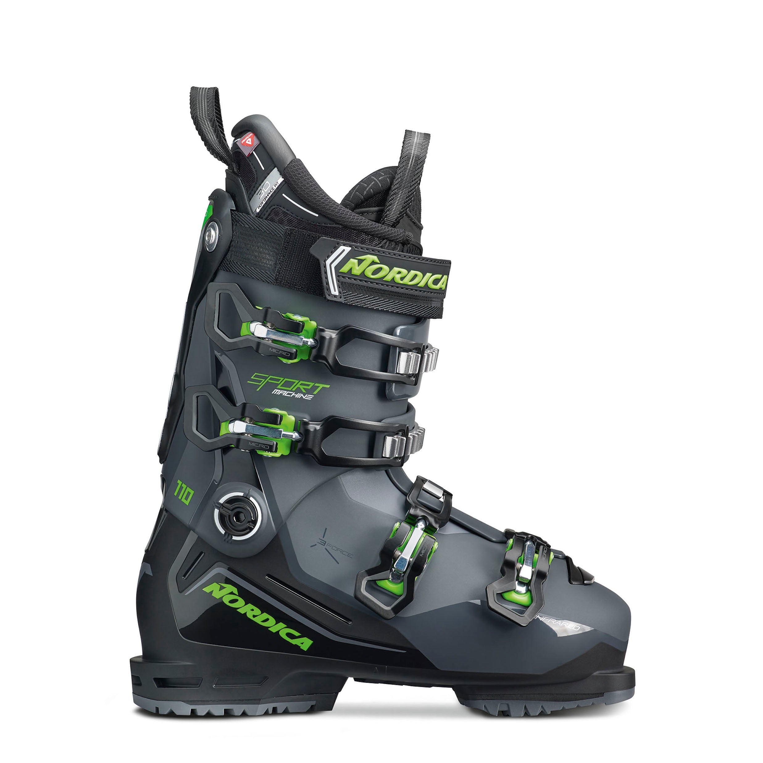 Men's Nordica Sportmachine 3 110 black and grey ski boot with bright green accents on buckles.