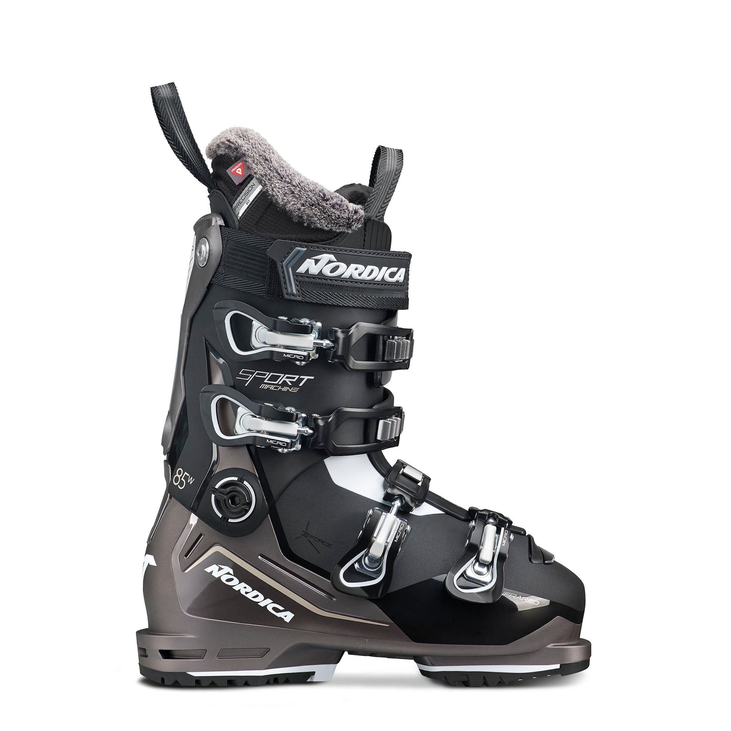 Women's Nordica Sportmachine 3 85 black and grey ski boot with silver accents.