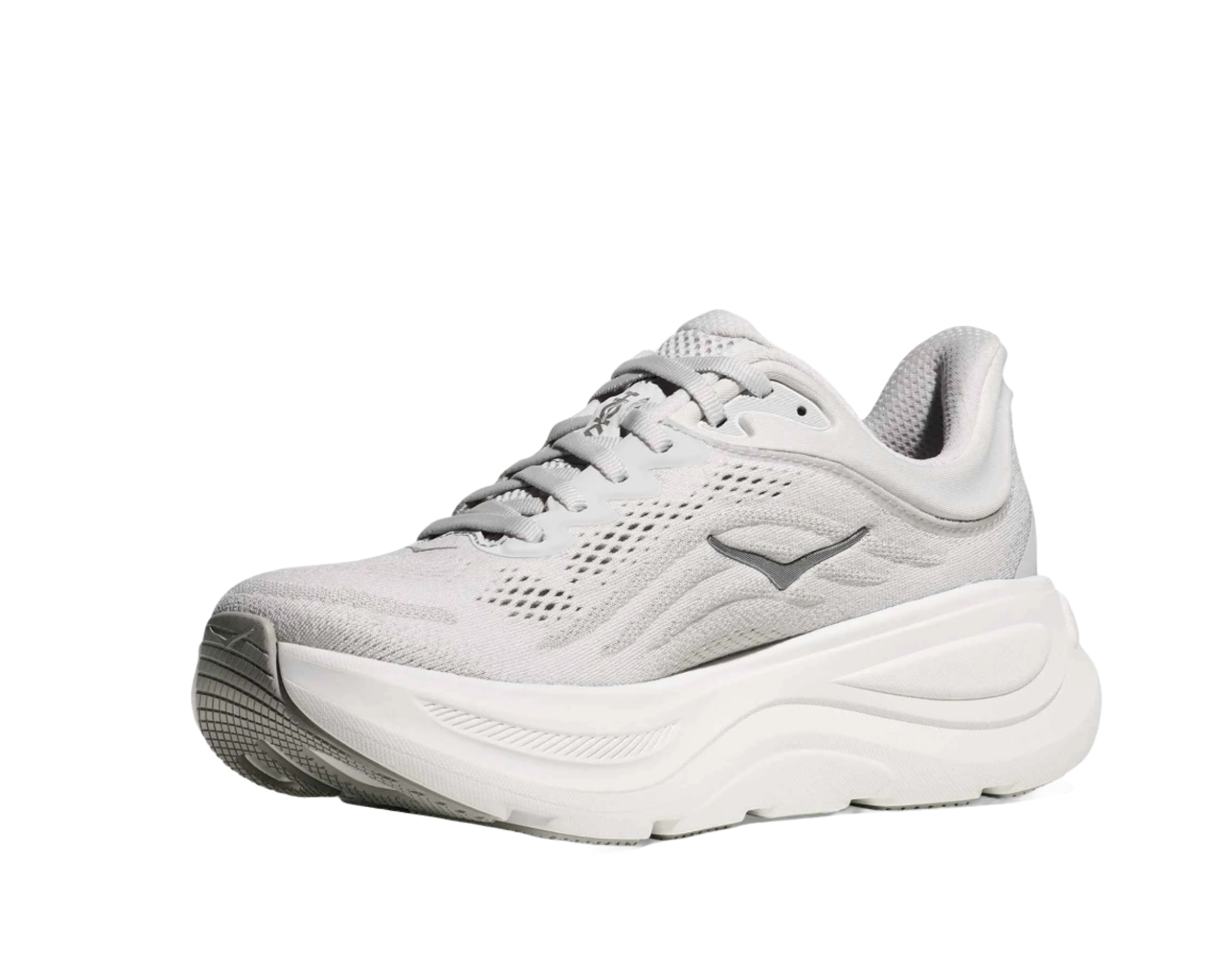 the inner side of the shoe has the hoka logo in grey, otherwise the laces and heels and fabric are all the same light grey.