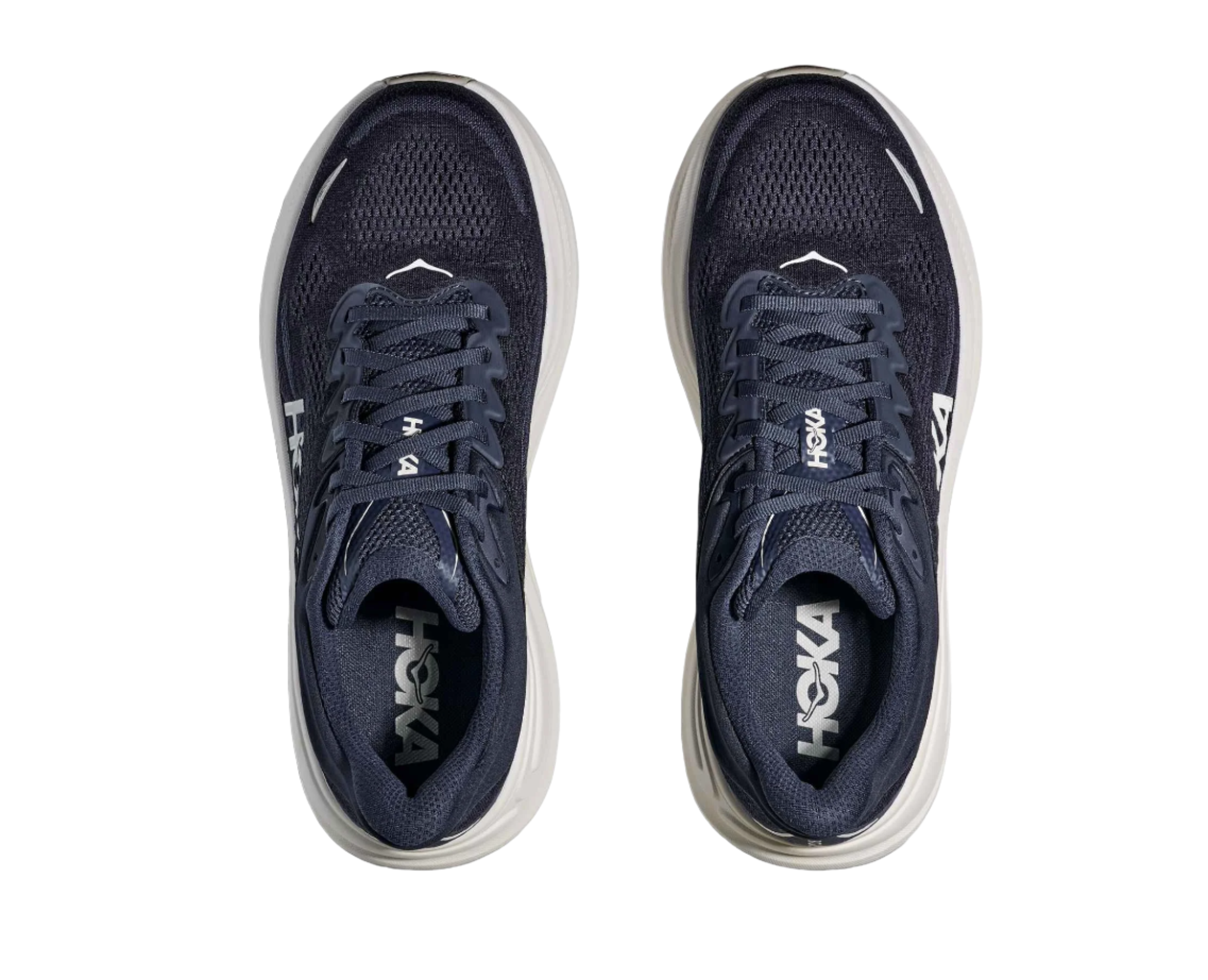 the top of the shoes are all navy, with navy laces, and small white accents