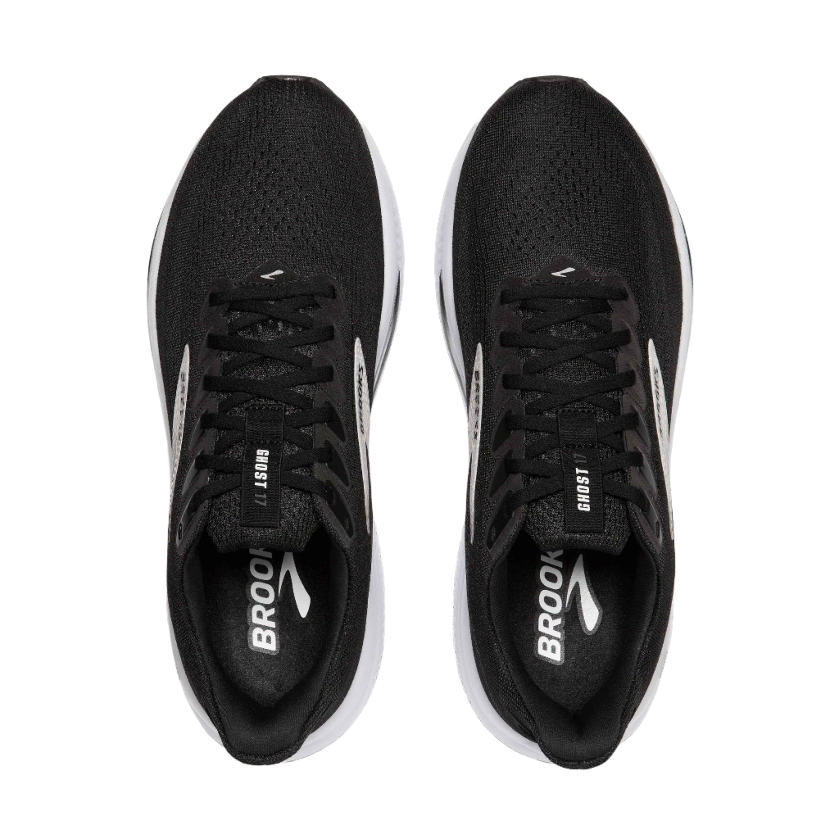 The top of the shoes are all black, black laces and there is "ghost" written small in white on the tongue.