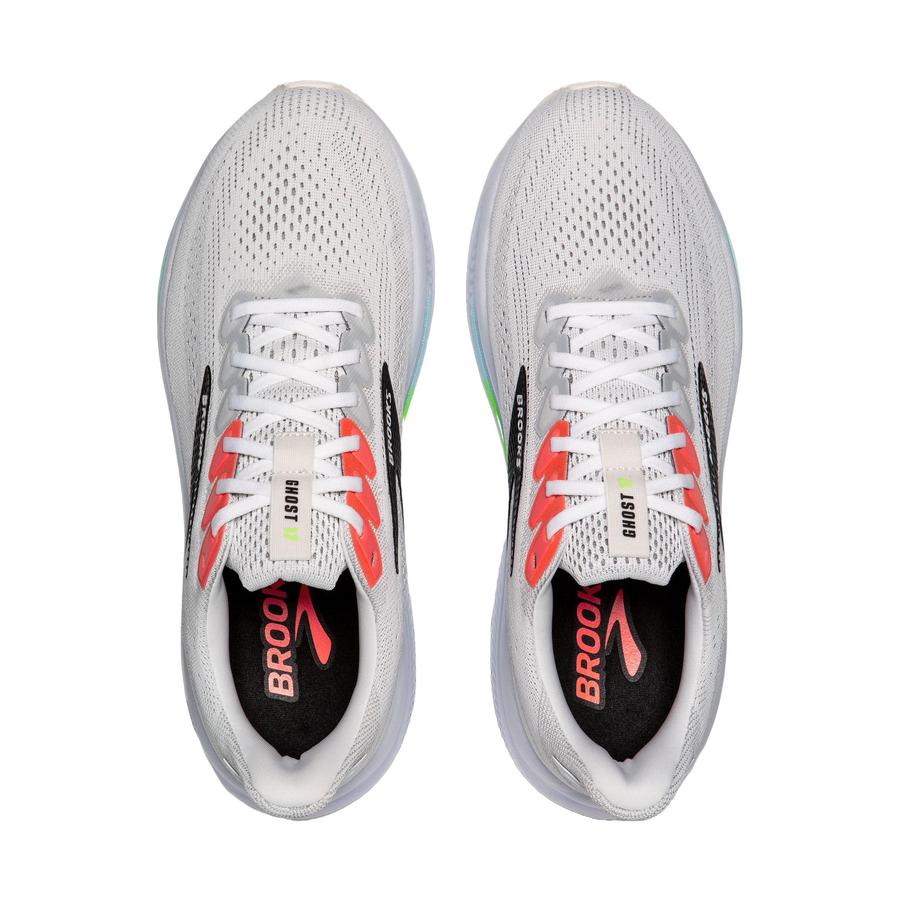 from the top the shoes are all white, aside from the coral colored lace holes where the laces go through.