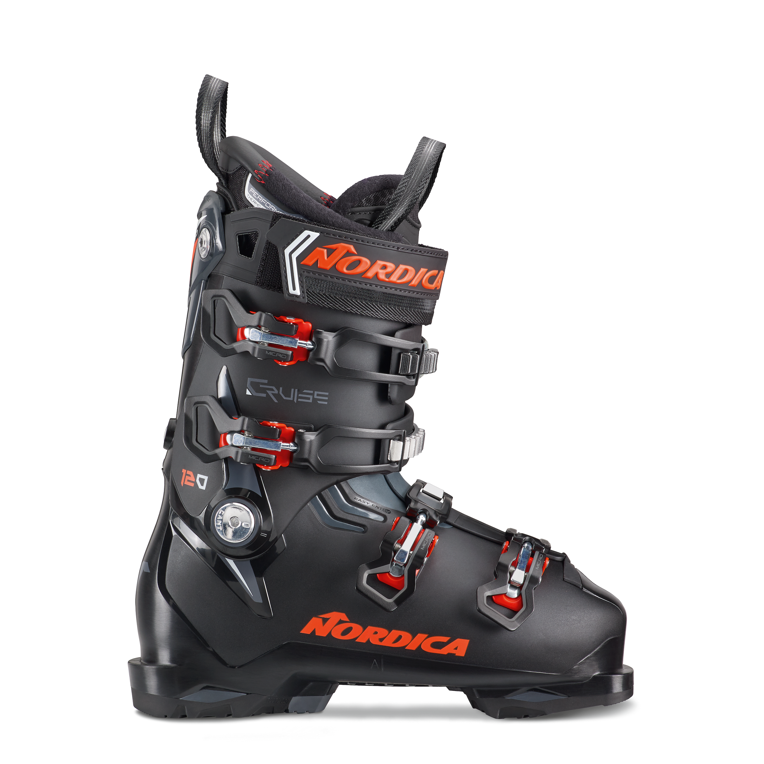Black with red accents men's Nordica Cruise 120 ski boot.